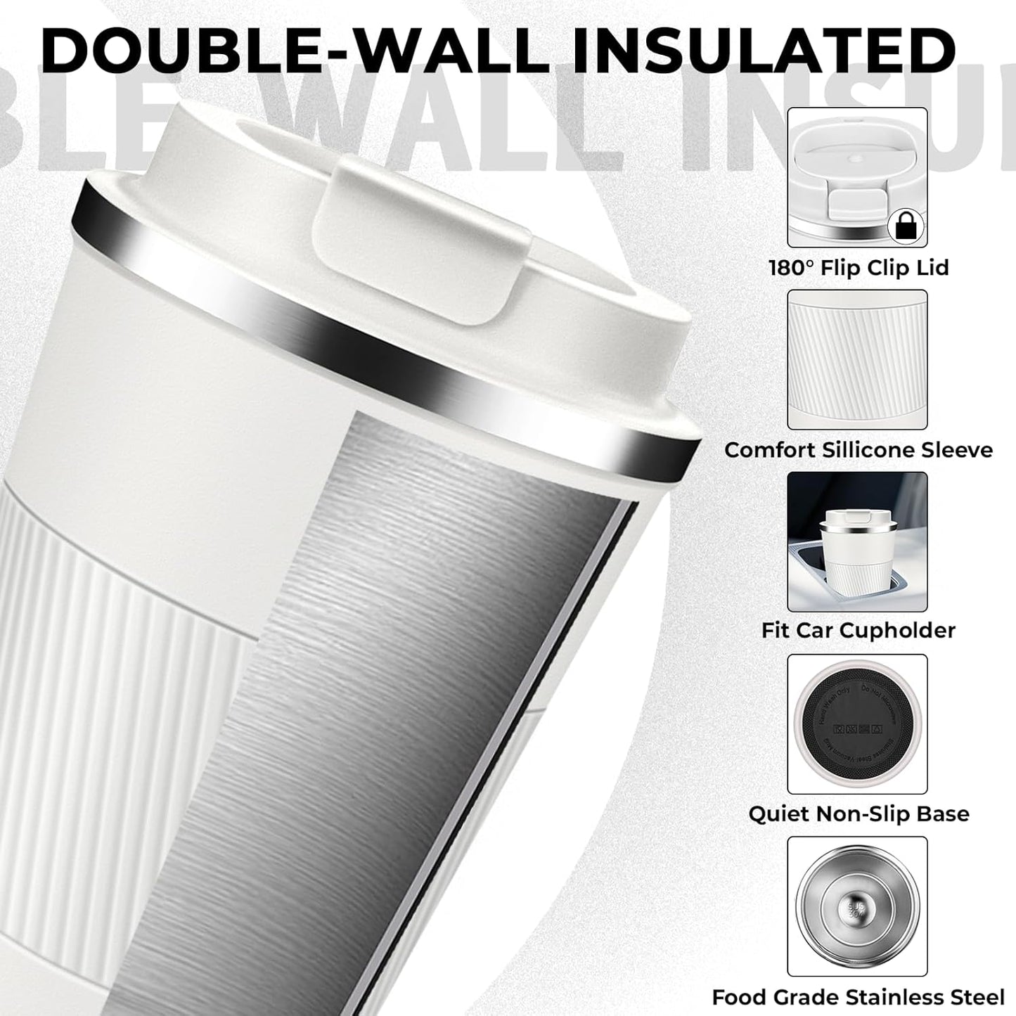 Insulated Coffee Tumbler 12 oz, Stainless Steel Coffee Mug with Lids, Travel Coffee Mug Leak Proof, Double Wall Vacuum Insulated Reusable Coffee Cup, Keep Drinks Hot and Cold (White, 12 Ounces)