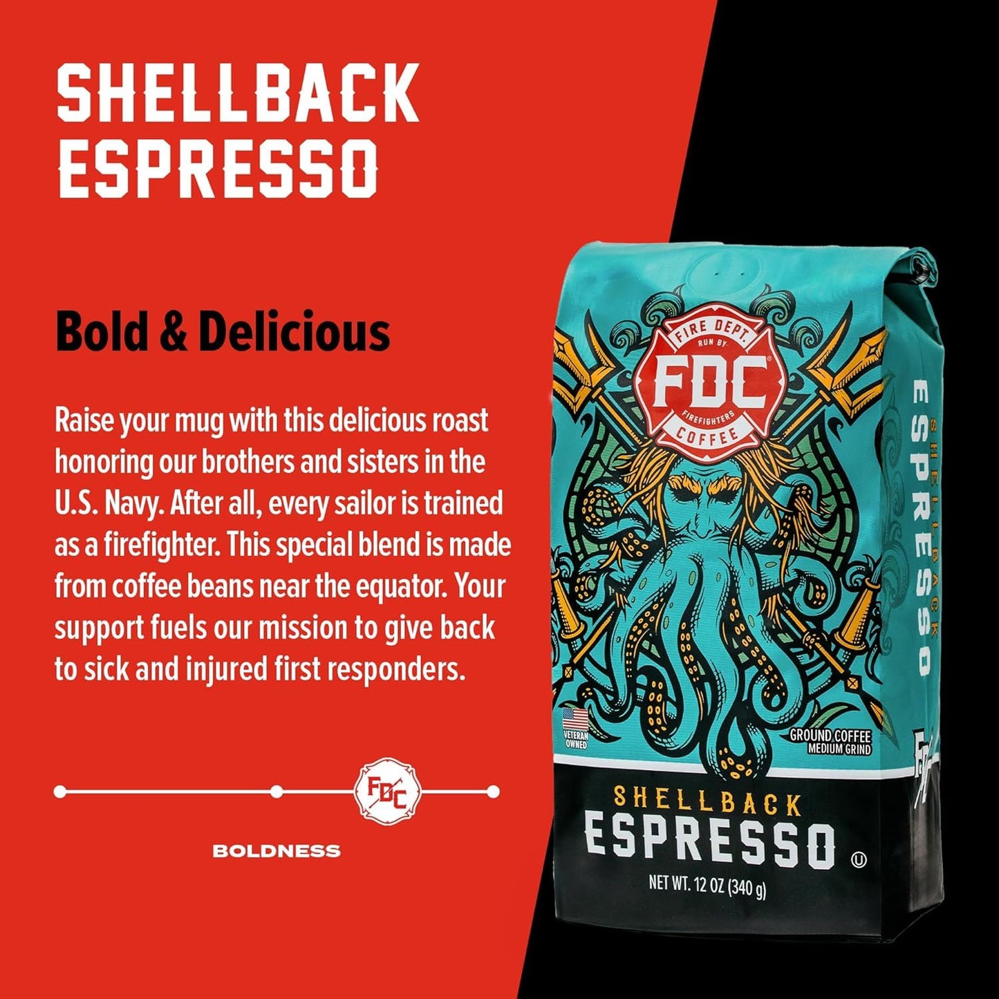 Fire Department Coffee - Gives Back to Firefighters - Shellback Espresso Coffee Beans - Bold & Smooth - Roasted in the USA - Premium Espresso - Veteran Owned (12 oz, Pack of 2)