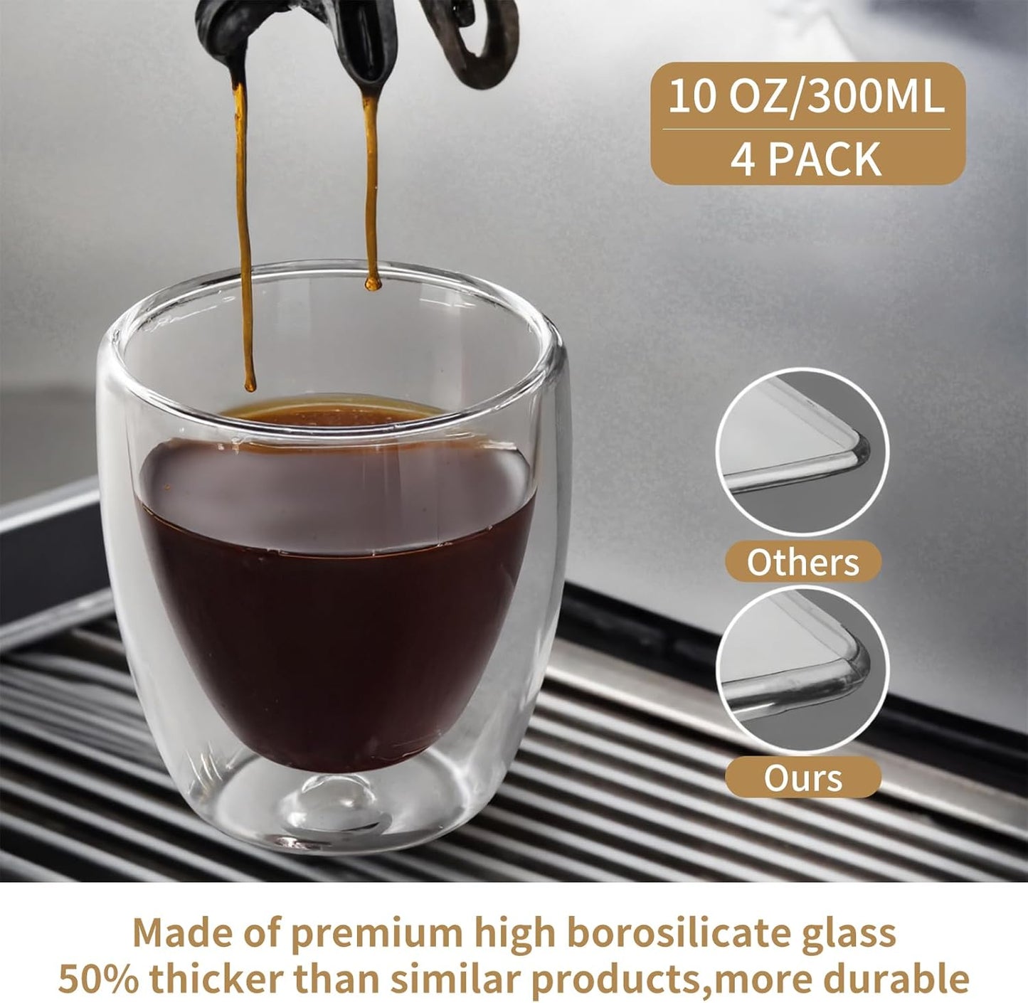 10oz Double Wall Espresso Cups Set of 4, Clear Expresso Shots Cup, Double Wall Insulated Espresso Mugs, 300 ML Tazas de Cafe Expreso, Microwave Dishwasher Safe,Suit for Espresso Machine