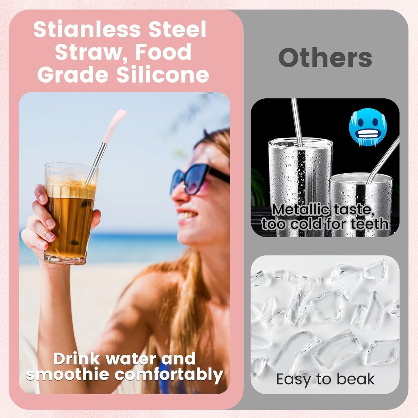 OUTXE Anti Wrinkle Straw 6 Pcs, Flat Wide Drinking Straw for Stanley Cup 40 oz 30 oz, Reusable Wrinkle Free Long Stainless Steel Metal Straw for Lip with Cleaning Brush and Carrying Bag