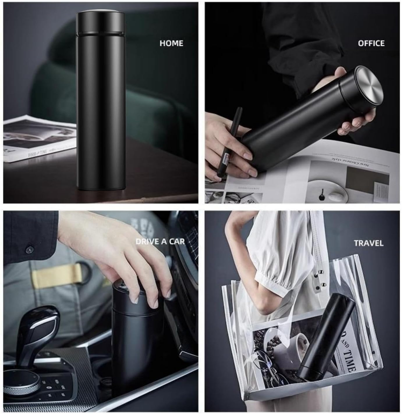 Insulated Water Bottles- Vacuum Tumbler for Coffee, Tea and Drinks with Stainless Steel Infuser - 15 oz Tea Thermo Travel Bottle/Keeps Drinks Hot or Cold for Hours/Gift Packing(Black)