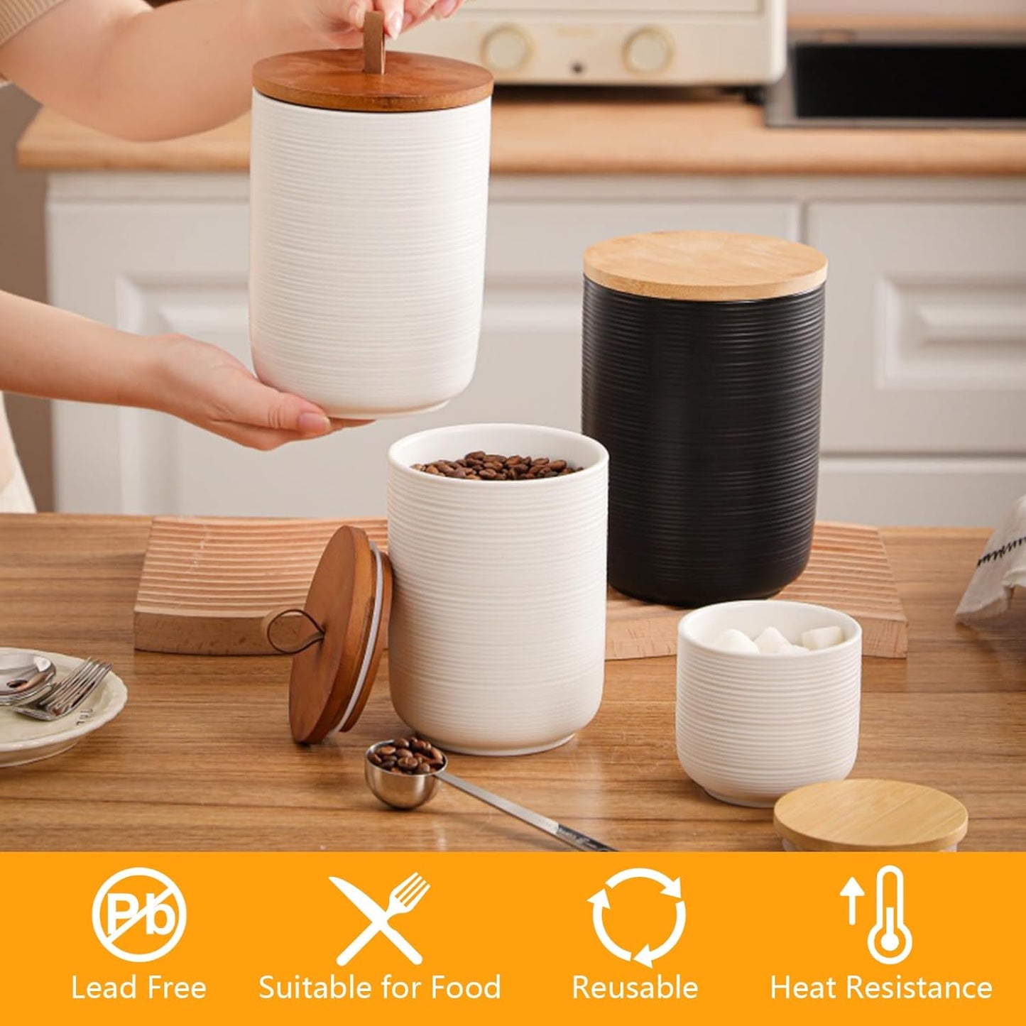 Food Storage Jar Strong Ceramic Storage Canisters with Airtight Wooden Lid,Kitchen Storage Containers for Serving Coffee Beans, Tea, Sugar, Salt, Spices (Big white)
