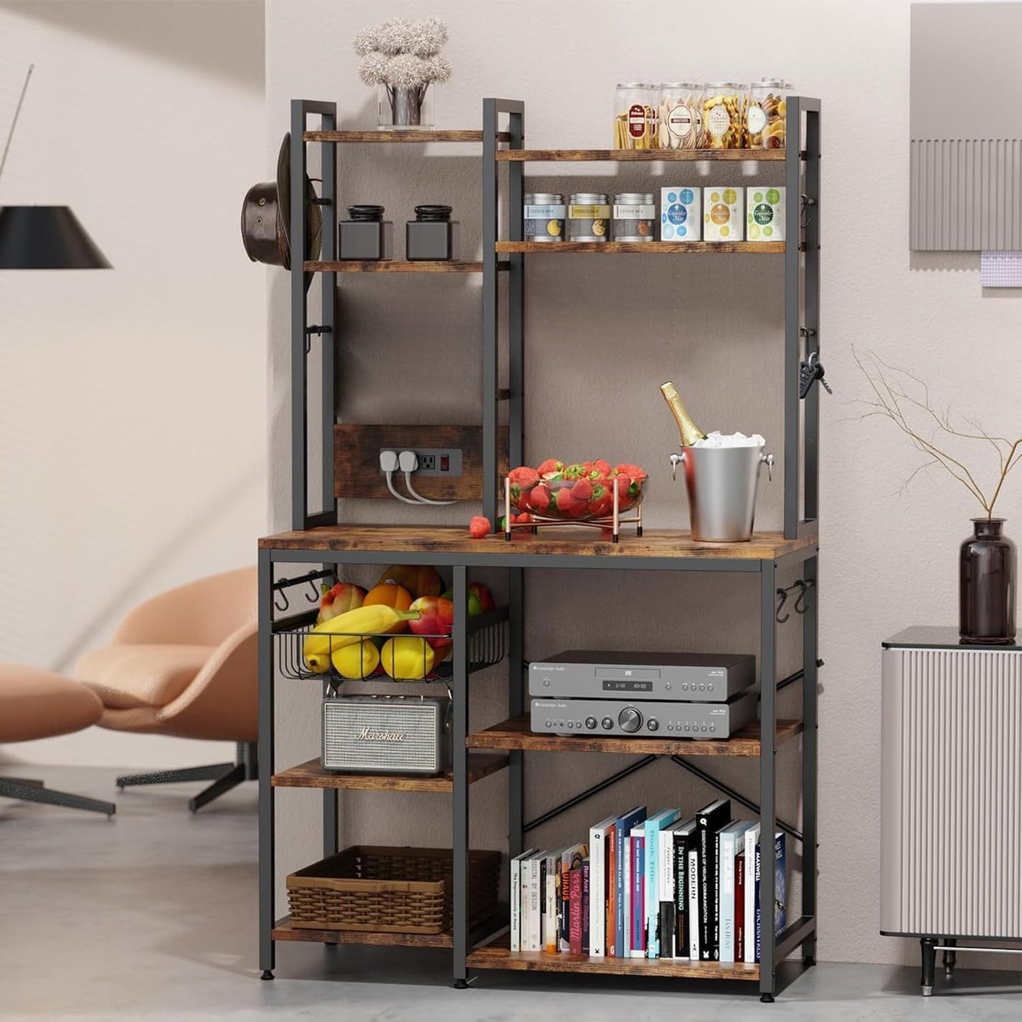 Standing Kitchen Baker’s Rack, Bakers Rack with Power Outlet, 6-Tier Microwave Stand, Coffee Bar with 12 S-Shaped Hooks, Kitchen Shelf with Storage, Coffee Bar Station, for Rustic Brown