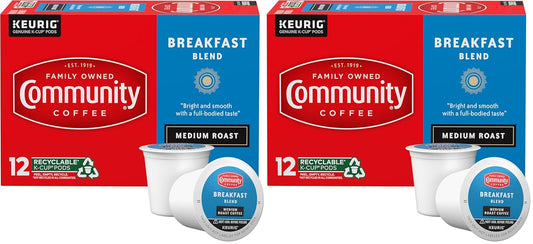 Community Coffee Breakfast Blend 12 Count Coffee Pods, Medium Roast, Compatible with Keurig 2.0 K-Cup Brewers, 12 Count (Pack of 2)