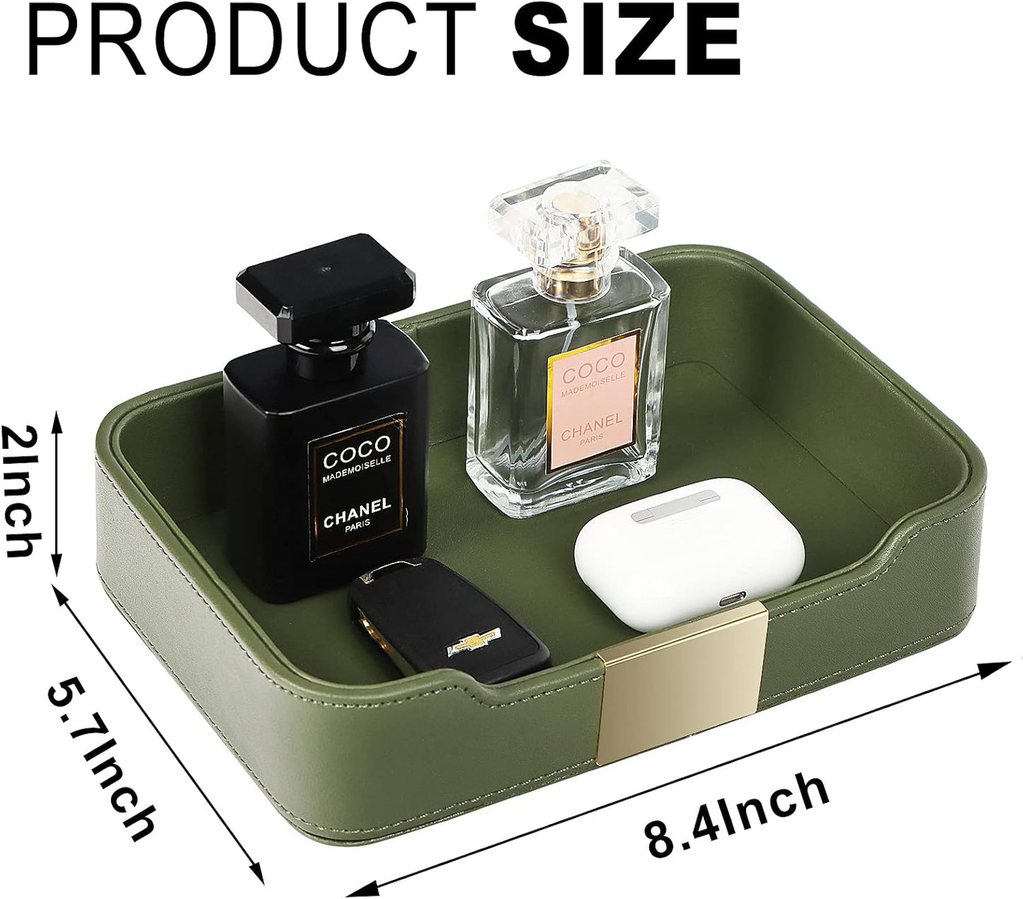 SANZIE Luxury Leather Tray Desktop Storage Catchall Organizer Decorative Tray for Entryway Table to Hold Jewelry Watch Keys Phone Wallet (Metal Glided, Dusty Green)