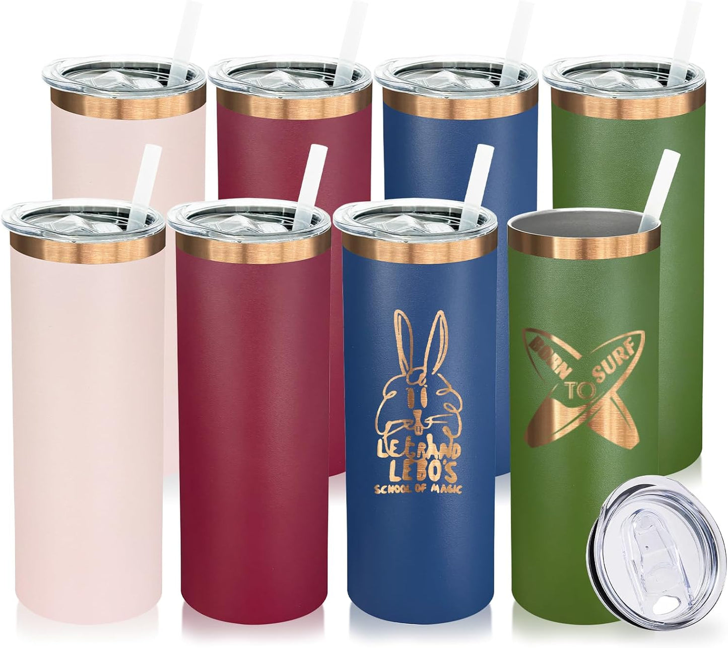 20 oz Skinny Tumblers Bulk 8 Pack, Stainless Steel Insulated Tumbler with Lids and Straws, Slim Double Wall Powder Coated Travel Coffee Mugs Reusable Cup for Hot Cold Drinks (Mixed,8 pack)