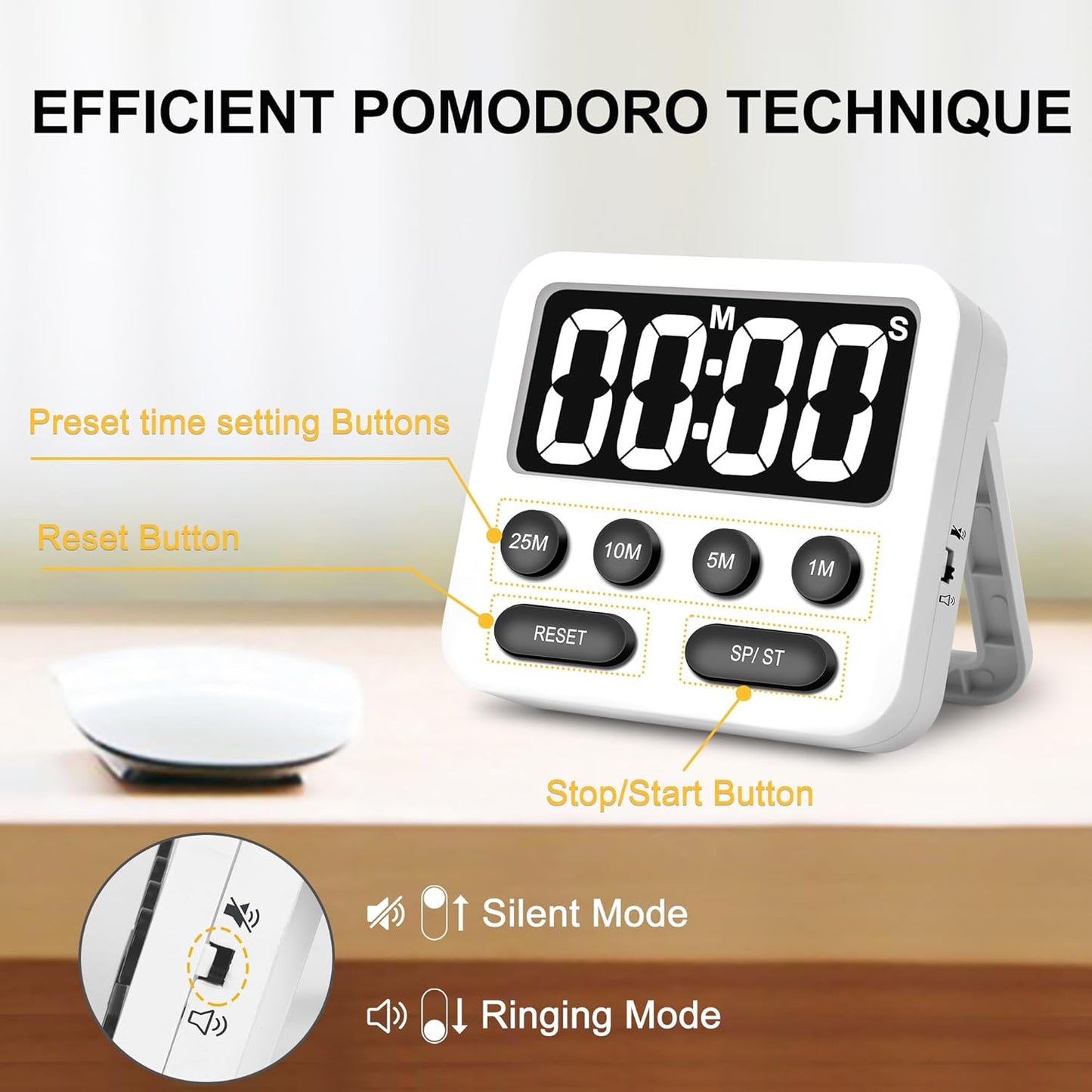 Pomodoro Timer, Digital Productivity Timer with Large Display, Kitchen Timers for Cooking, Settings 1-5-10-25 Minutes, White