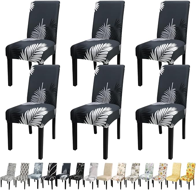JQinHome Chair Covers for Dining Room Set of 6, High Stretch Removable Washable Parsons Chair Slipcover for Home Party Hotel Wedding Ceremony (Plume Black,6PCS)