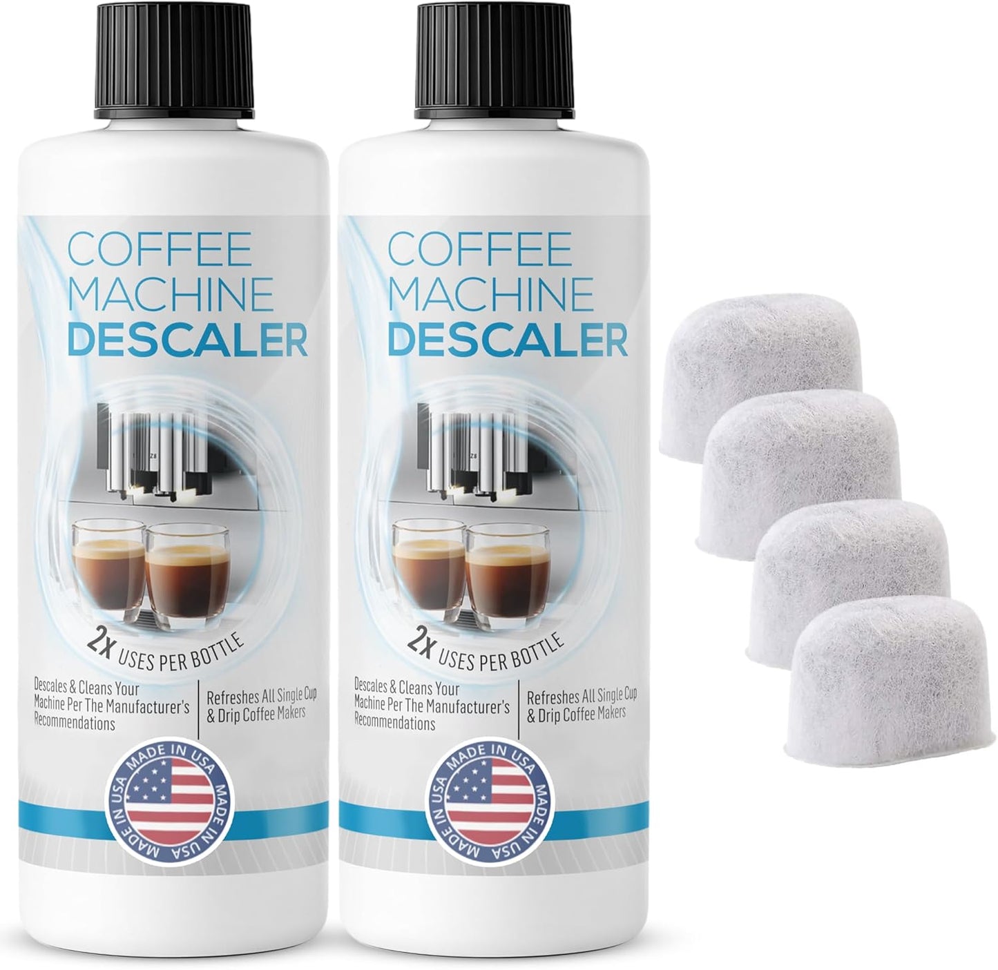 Keurig Compatible Descaling Solution - Descaler Cleaner Concentrate Kit For All 1.0 & 2.0 K-Cup Pod Machines and Espresso Machines - (2 Bottles, 4 Uses Plus 4 Filters)