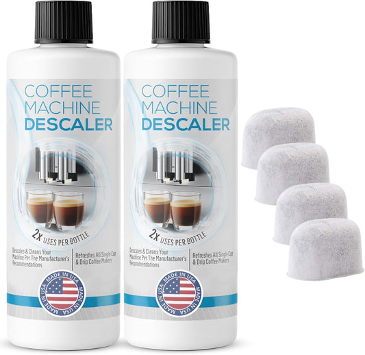 Keurig Compatible Descaling Solution - Descaler Cleaner Concentrate Kit For All 1.0 & 2.0 K-Cup Pod Machines and Espresso Machines - (2 Bottles, 4 Uses Plus 4 Filters)