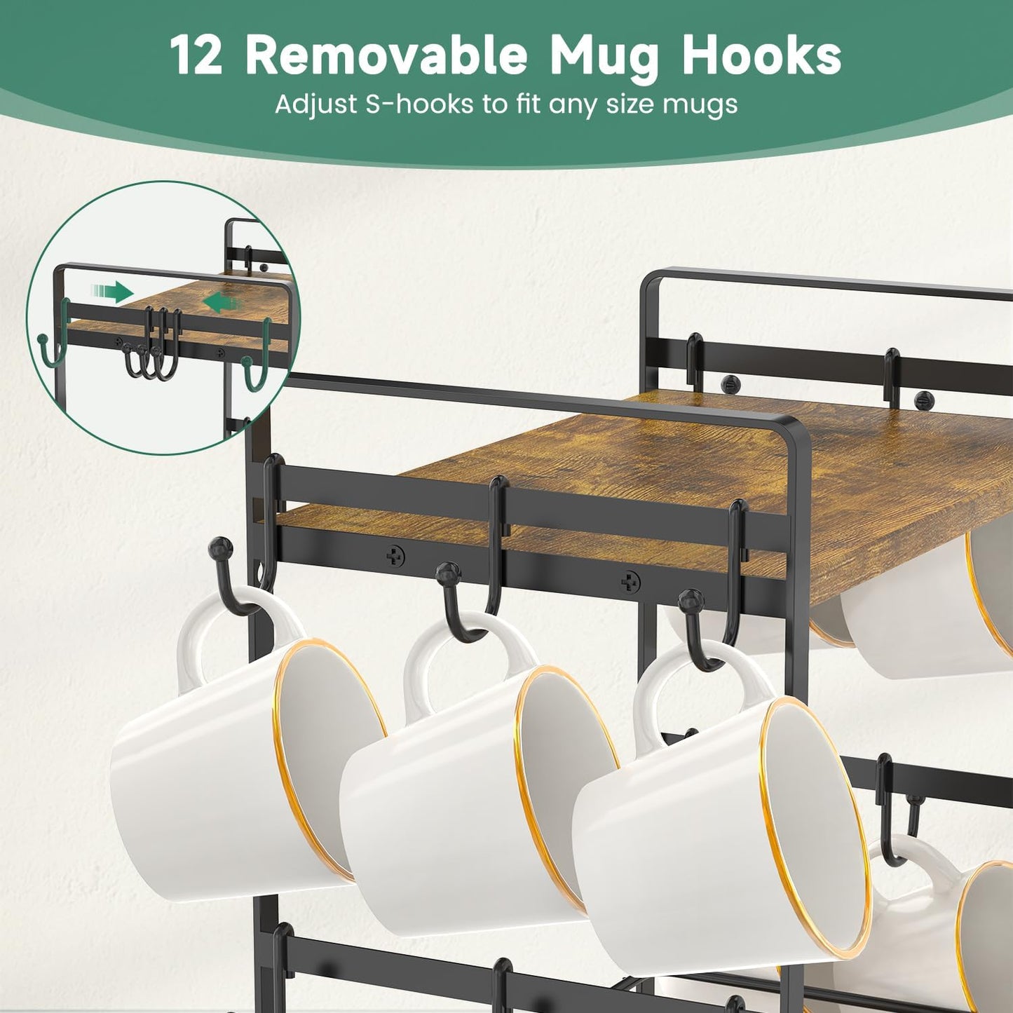 EsLuker.ly Coffee Mug Cup Holder Tree Bar Station Organizer, 2 Tier Mug Stand Rack for Countertop Kitchen, Storage Tower Display Shelf with 12 Hooks, Coffee Nook Enhancer