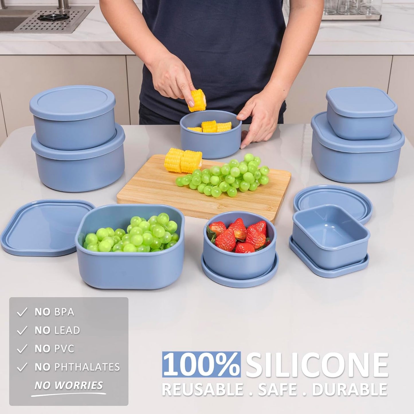 100% Silicone Food Storage Containers with Lids, 8 Pack, 10oz to 51oz, Reusable Leakproof Nesting & Stackable Silicone Bento Lunch Box, Microwave Freezer Dishwasher Oven Safe, BPA Free, Slate Blue