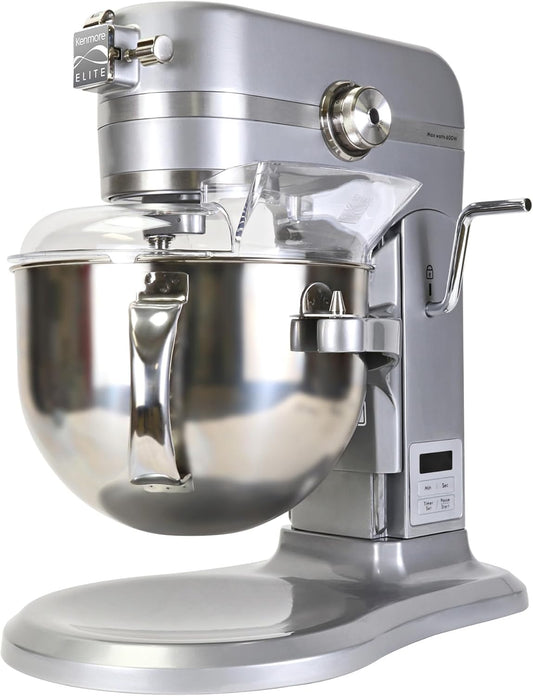 Kenmore Elite Heavy-Duty 6 Qt Bowl-Lift Stand Mixer, 600 Watts, with Flat Beater, Wire Whisk, Dough Hook, Stainless Steel Bowls, LED Light, Digital Countdown Timer, Metallic Grey