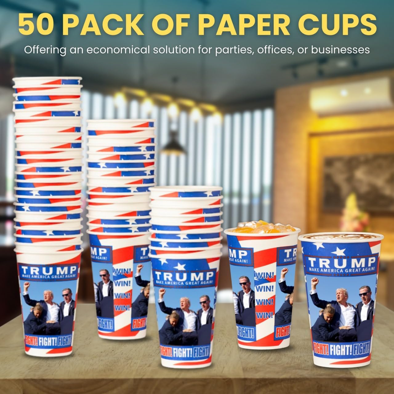 Smygoods Trump Design Disposable Paper Coffee Cups (16 OZ, 50 Count) For Hot Beverages, Tea, Espresso, Cocoa - To Go Drink Containers, Café & Office