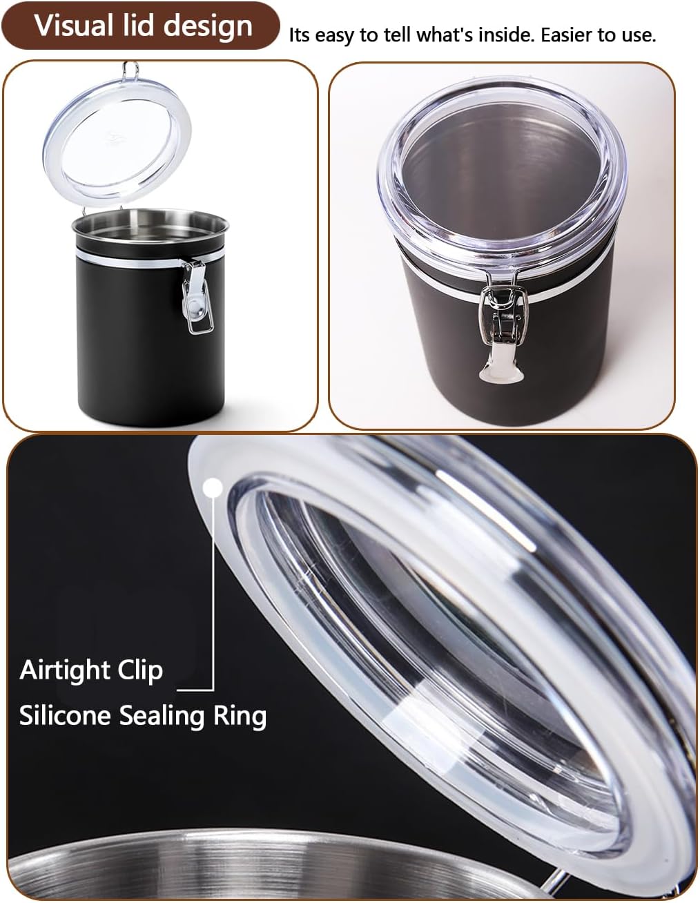 Stainless Steel Food Container with Clear Lids Airtight Storage Container Small Canisters Kitchen Pantry Storage for Cereal, Snacks, Candy, Herbs, Spices, Sugar, Tea (1.8L Dark Black)