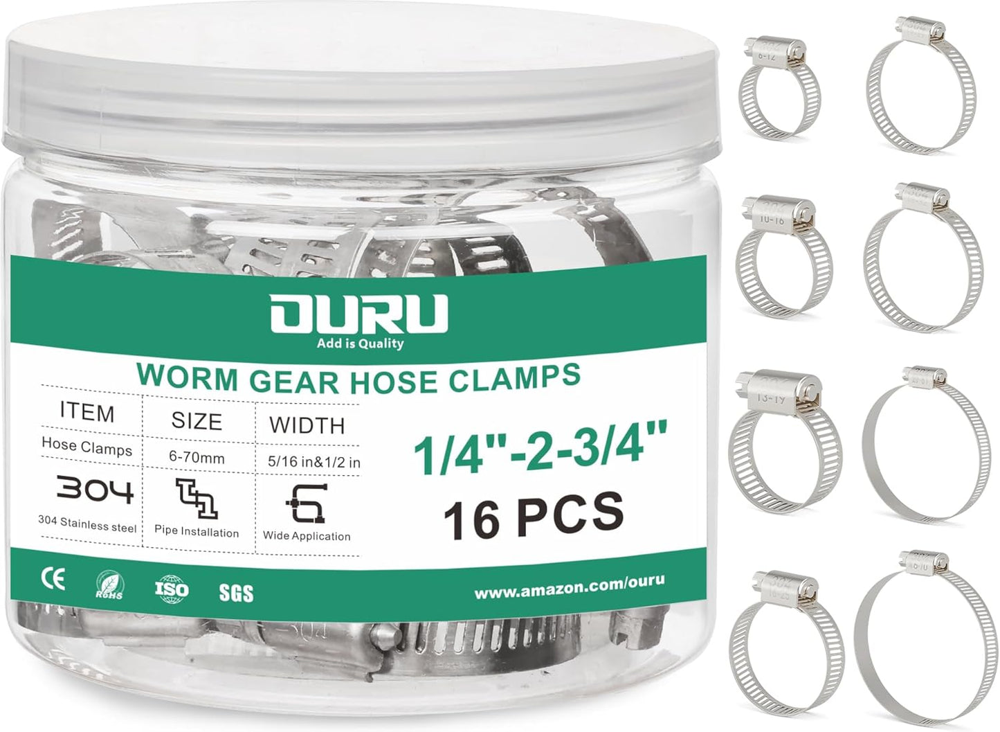 16PCS Hose Clamps Stainless Steel Adjustable 1/4"– 2-3/4"(6-70mm) Worm Gear Hose Clamp, Heavy Duty Metal Small Hose Clamps for Automotive, Pipe, Radiator Plumbing, Fuel Line