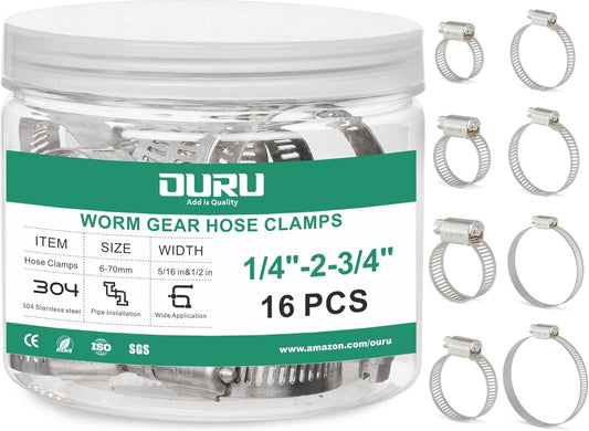 16PCS Hose Clamps Stainless Steel Adjustable 1/4"– 2-3/4"(6-70mm) Worm Gear Hose Clamp, Heavy Duty Metal Small Hose Clamps for Automotive, Pipe, Radiator Plumbing, Fuel Line