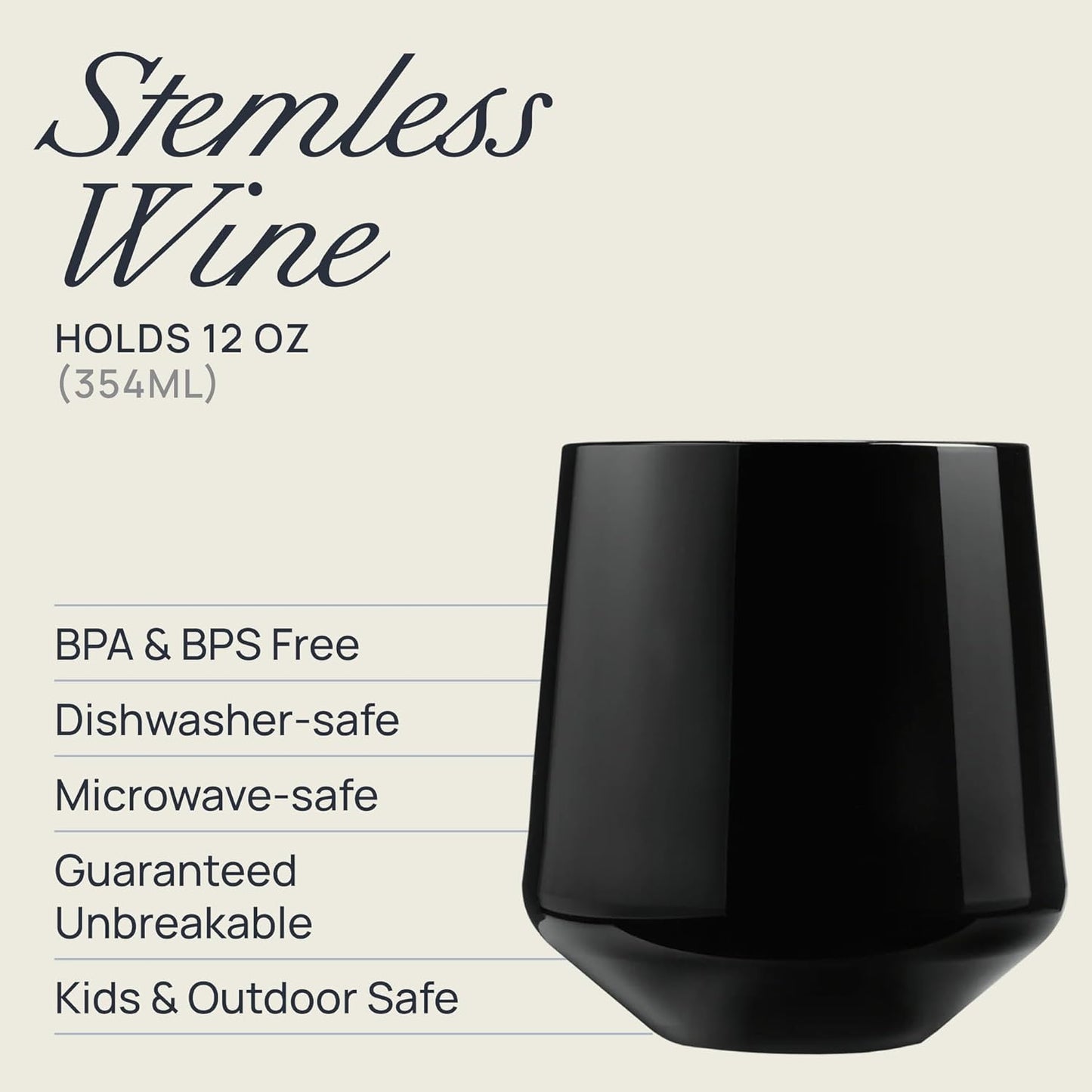 Drinique Unbreakable Stemless Wine Glasses (Set of 4) 12oz Tritan Plastic Stemless Glassware for Indoor or Outdoor Use - Black