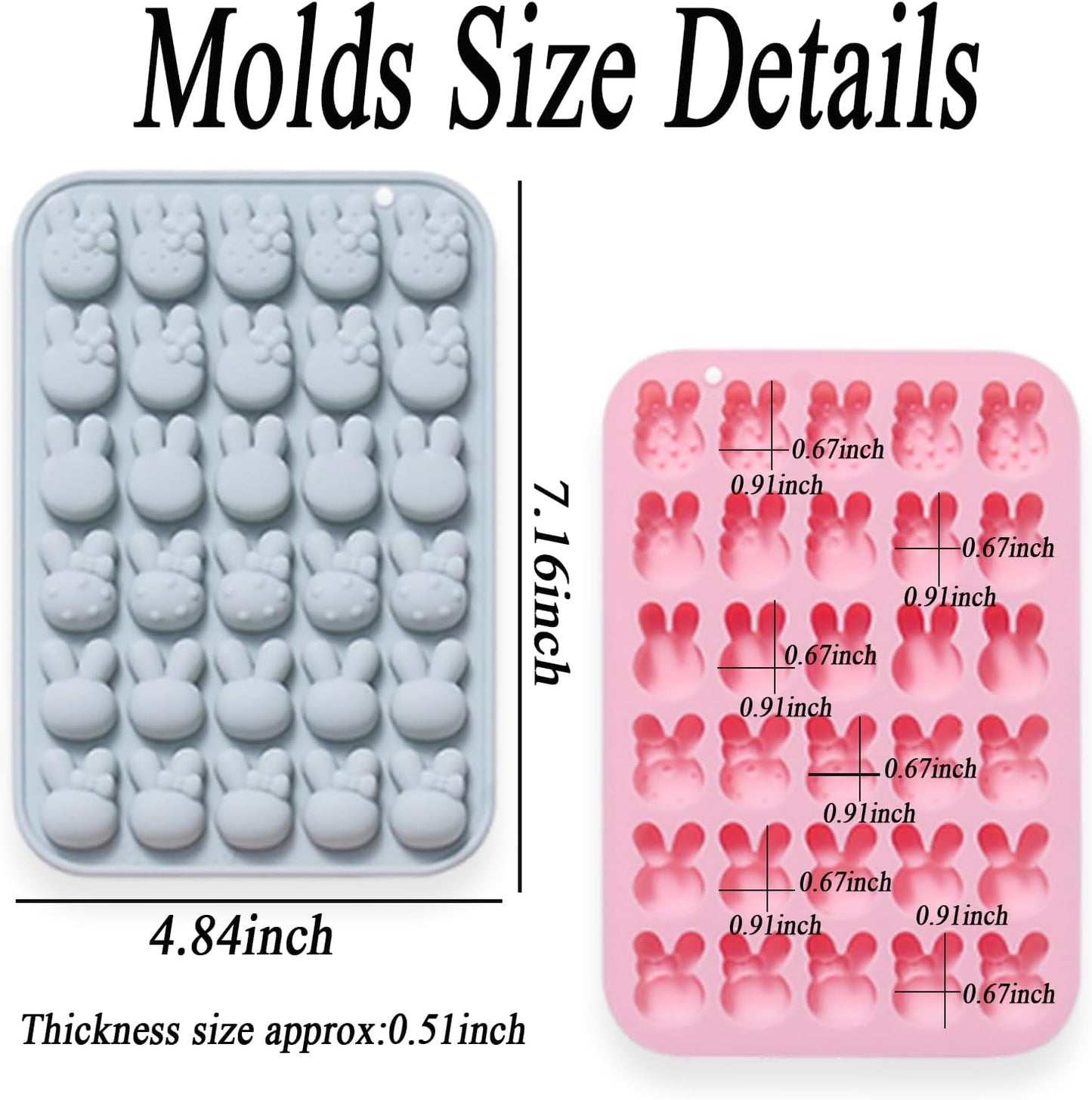 2 Pcs Easter Bunny Silicone Molds, 6 Shaped Rabbit 30 Cavities Candy Mould Wax Melt Tray for Baking Rabbit Chocolate Jello Resin Gummies Cupcake Decor