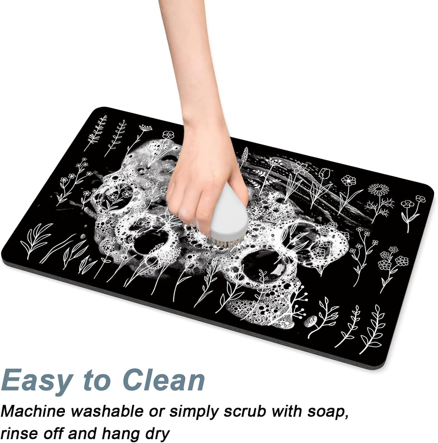 Rnivvi Coffee Mat, 12" x 19" Cute Coffee Bar Mats for Espresso Machine Station Accessories and Organizer, Hide Stain Rubber Backed Absorbent Dish Drying Pad for Kitchen Counter, Black White Leaves