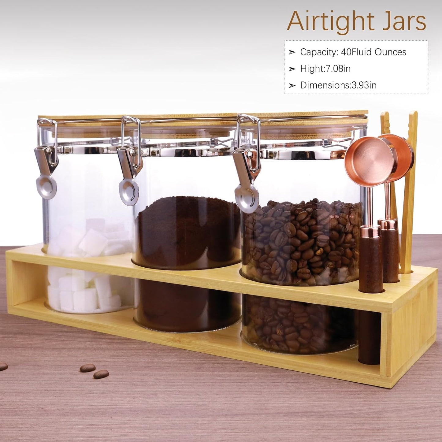 Glass Coffee Storage Containers with Bamboo Shelf,Ground Coffee Holder Jars,Airtight Glass Countertop Storage Jar Canisters with Spoon for Coffee,Loose Tea,40 Fluid-oz,Pack of 3