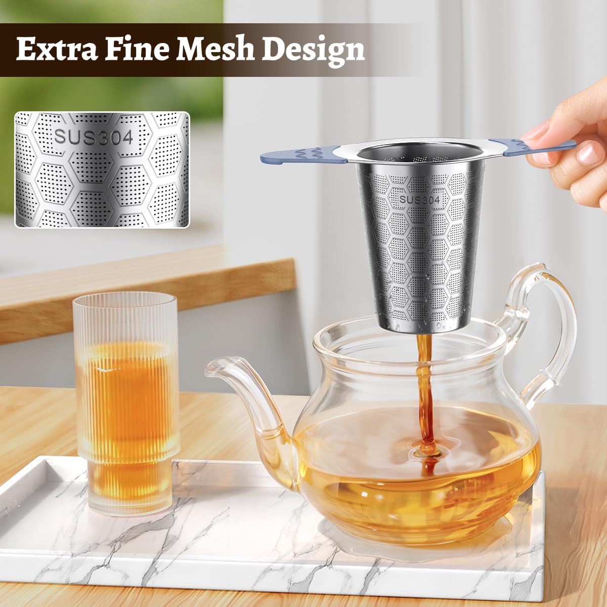 2PCS Tea Infuser for Loose Leaf Tea,Stainless Steel Tea Infuser with Heat Proof Silicone Handles,Extra Fine Mesh Tea Strainers Filter Fine Tea Leaves Effectively,Fits TeaPots/Mugs