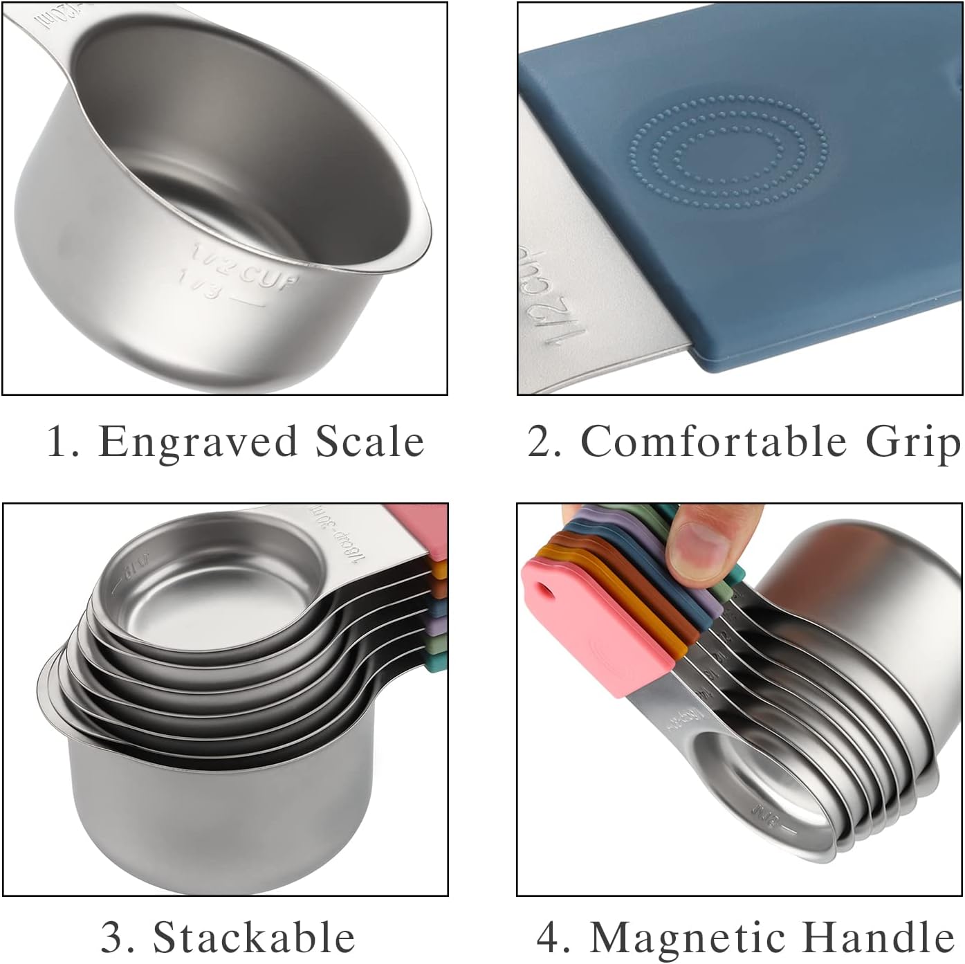 Magnetic Measuring Cups and Spoons Set Including 7 Stainless Steel Heavy Duty Measuring Cup 8 Double Sided Measuring Spoons with 1 Leveler for Dry and Liquid Ingredients (Color)