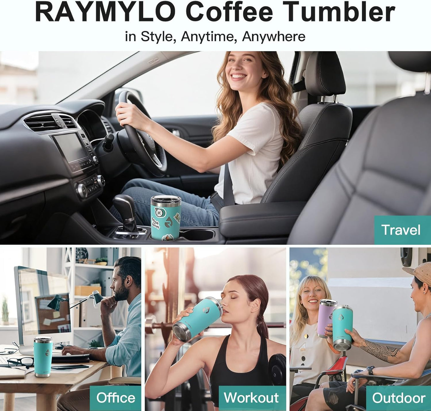 20 oz Coffee Tumbler - Insulated Stainless Steel Travel Mug for Hot/Cold, Spill Proof with BPA-Free Detachable Lid, Coffee Cup Fits Most Car holder, Includes Chic Stickers, Seafoam