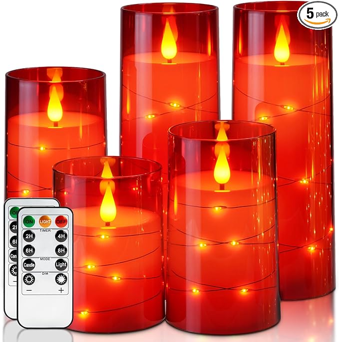 Homemory Acrylic Flameless Candles with Embedded Star String Fairy Lights, Battery Operated Candle, LED Candles, Fake Candles with Remote Control and Timer, Red, Set of 5(H4 5" 6" 8" 8")