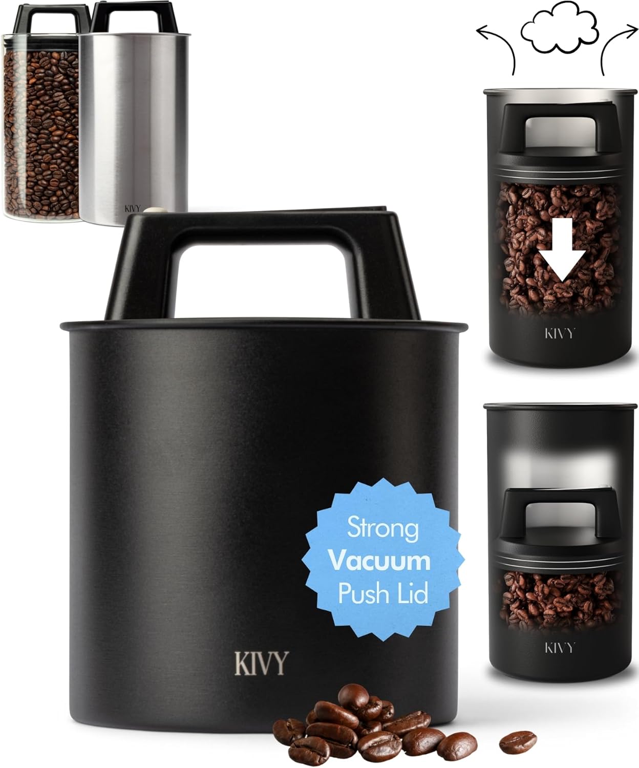 KIVY Vacuum Coffee Canister - Push Lid Preserves Coffee Aroma & Oil - Stainless Steel Airtight Coffee Canister - Coffee Container - Removes Excess Air
