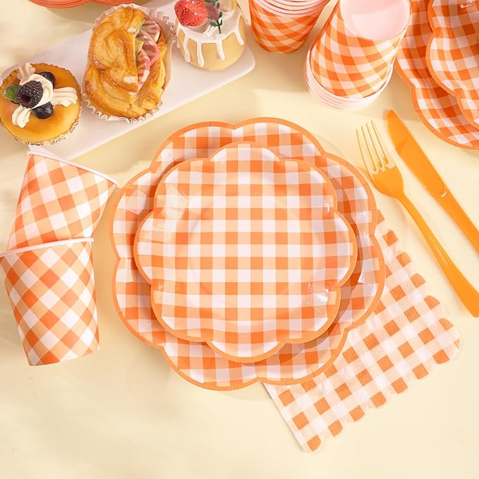 175 Pcs Orange and White Gingham Party Supplies - Orange Gingham Paper Plates and Napkins Sets Serve 25 - Scalloped Checkered Plates for Birthday Picnic Fall Halloween Thanksgivng Party Decorations