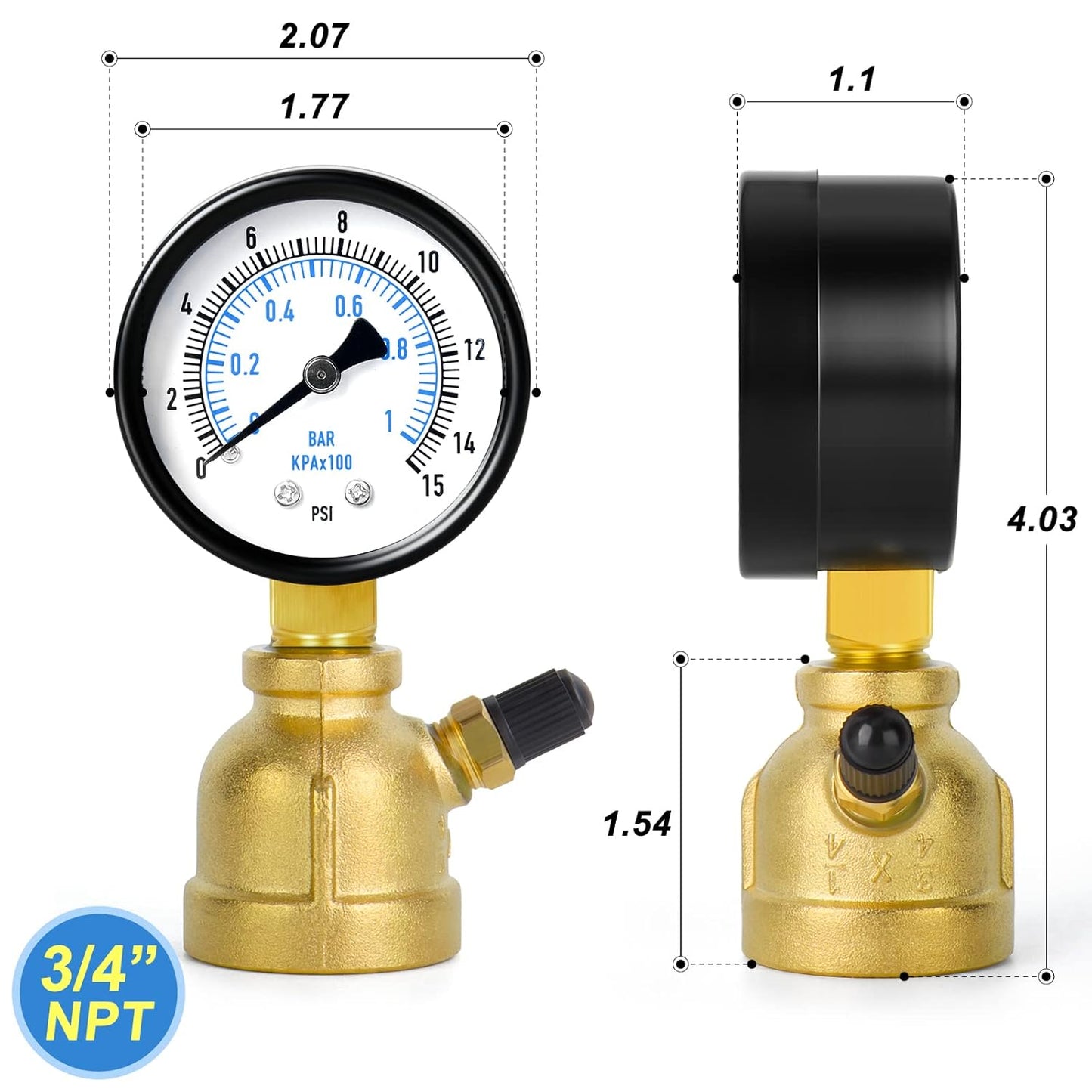MEANLIN MEASURE 0-15Psi Forged Brass Air Test Pressure gauges, 3/4" FNPT Connection, 2" Double Graduated, Bell Shape Body Assembly, -3-2-3% Accuracy