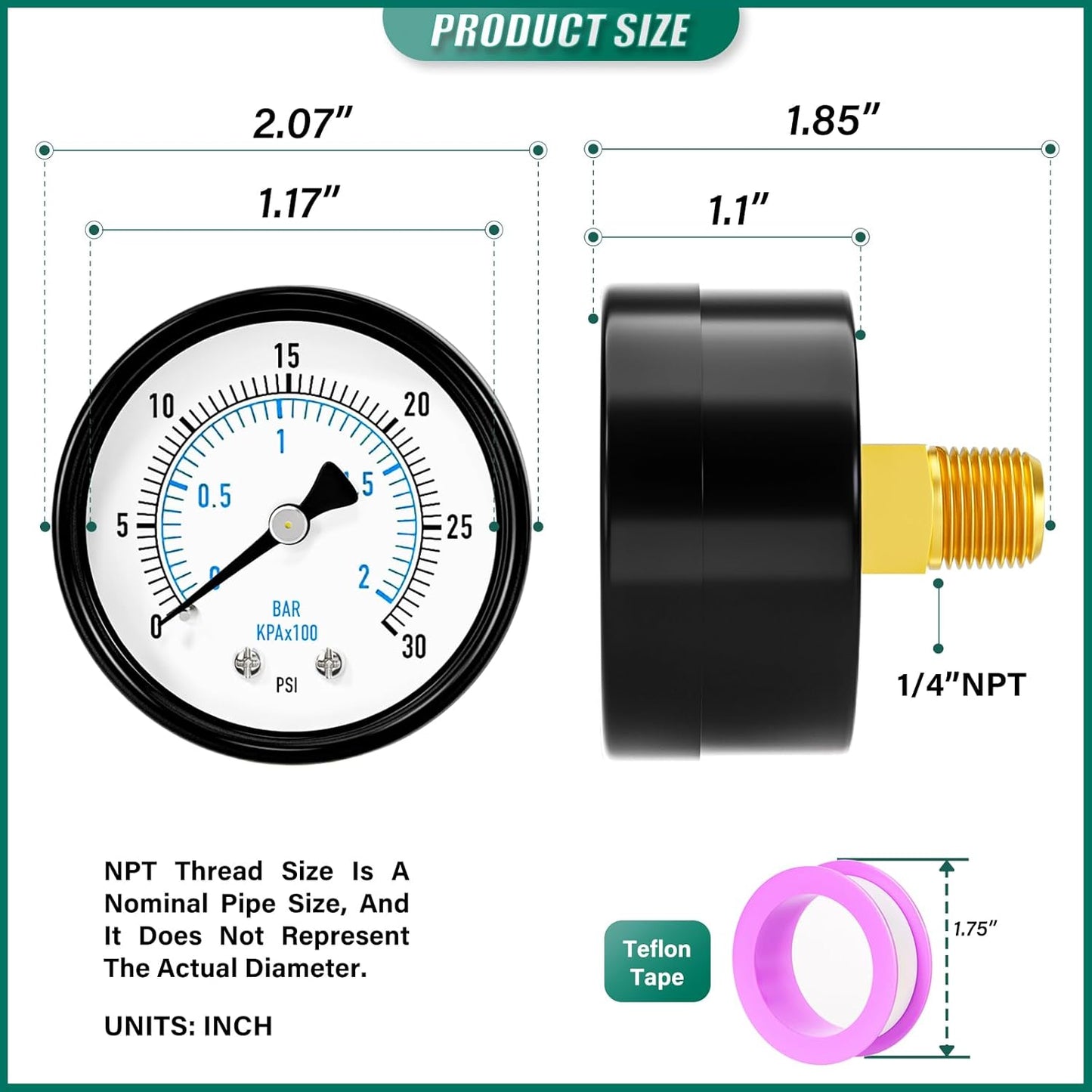 0-30PSI Well Pump Pressure Gauge 2" Dial Size, 1/4" NPT Back Mount, 3-2-3% Accuracy, for Tube, Water Pump, Gas, Liquid, Pressure Test