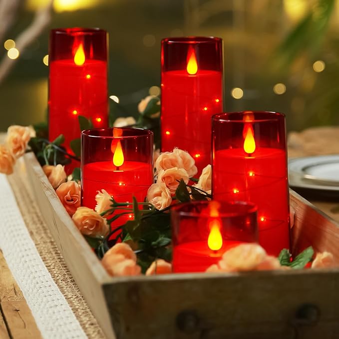 Homemory 9 Pcs Flameless Candles with Embedded Star String Fairy Lights, Battery Operated Candles, LED Candle, Fake Candles with Remote Control and Timer (Red)