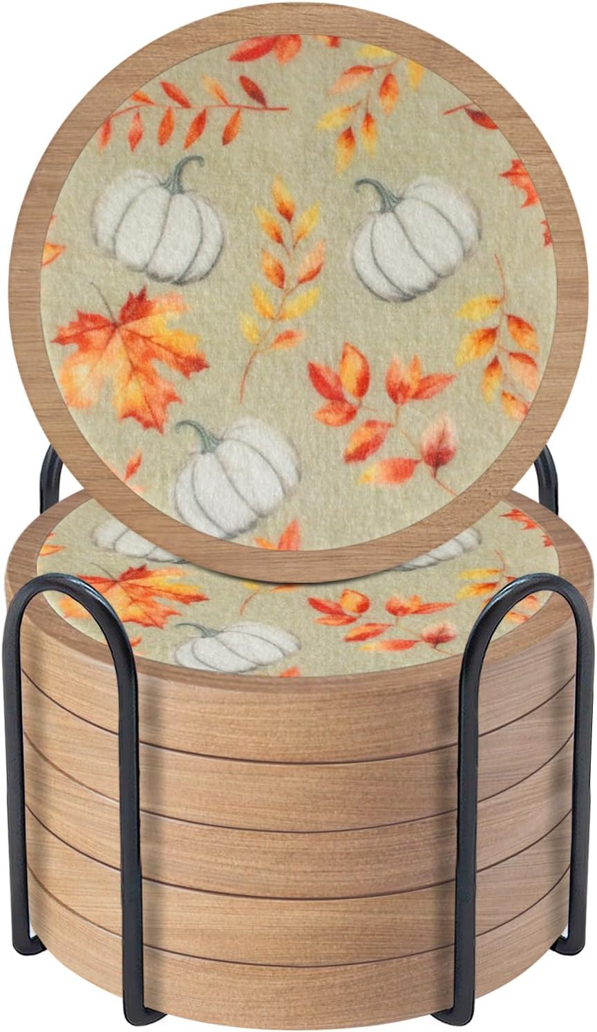 Pumpkins Coaster Set of 6 Cewiru Halloween Coasters for Drinks Absorbent Cup Mats for Table Protection Unique Fall Round Coasters for Coffee Table Kitchen Decor 4.3"