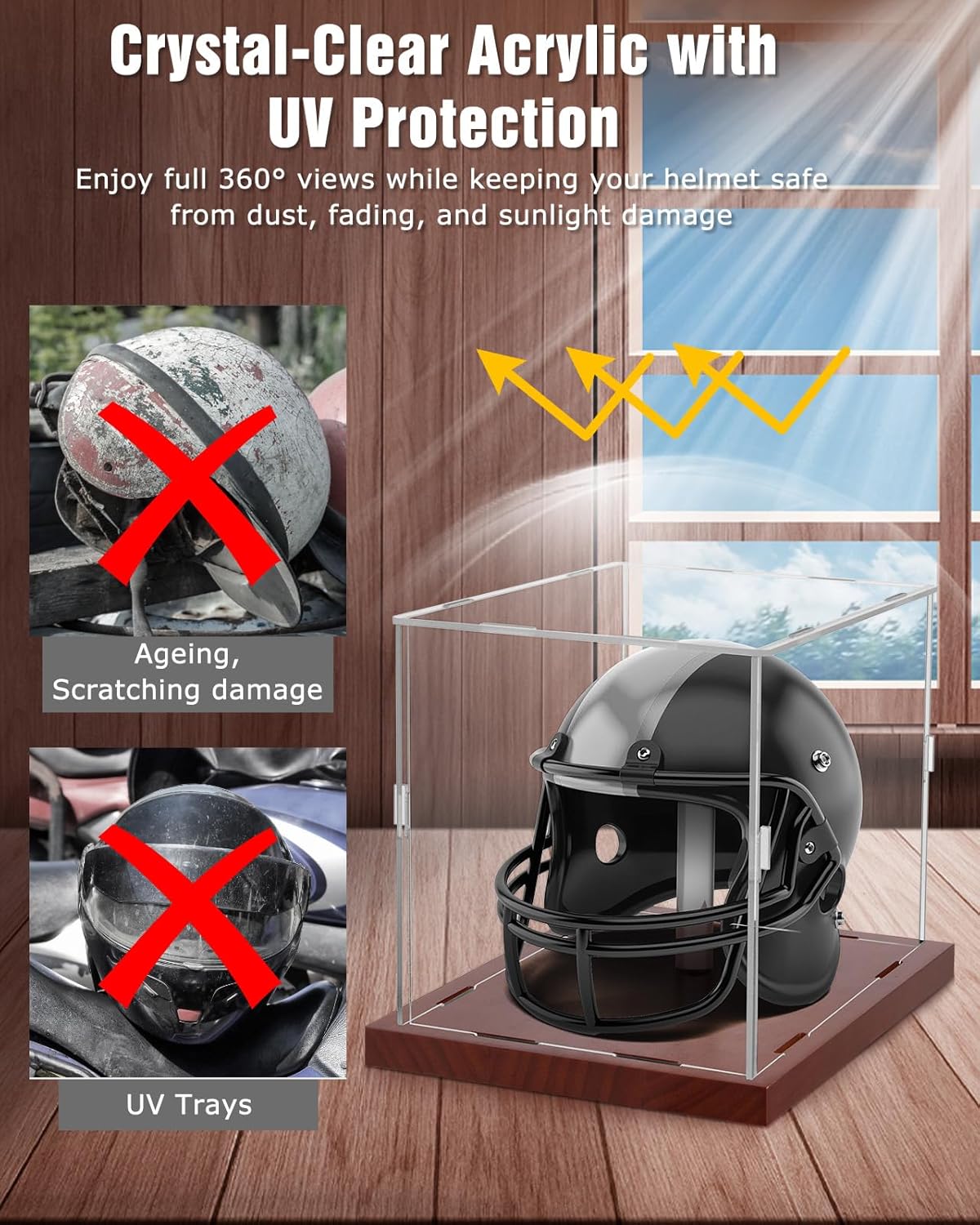 Mini Helmet Display Case - 7.1×5.3×5.9in Interior, 100% Wooden Base, Fits Football/Baseball Mini Helmets & Collectibles, High-Transparency Acrylic with UV Protection