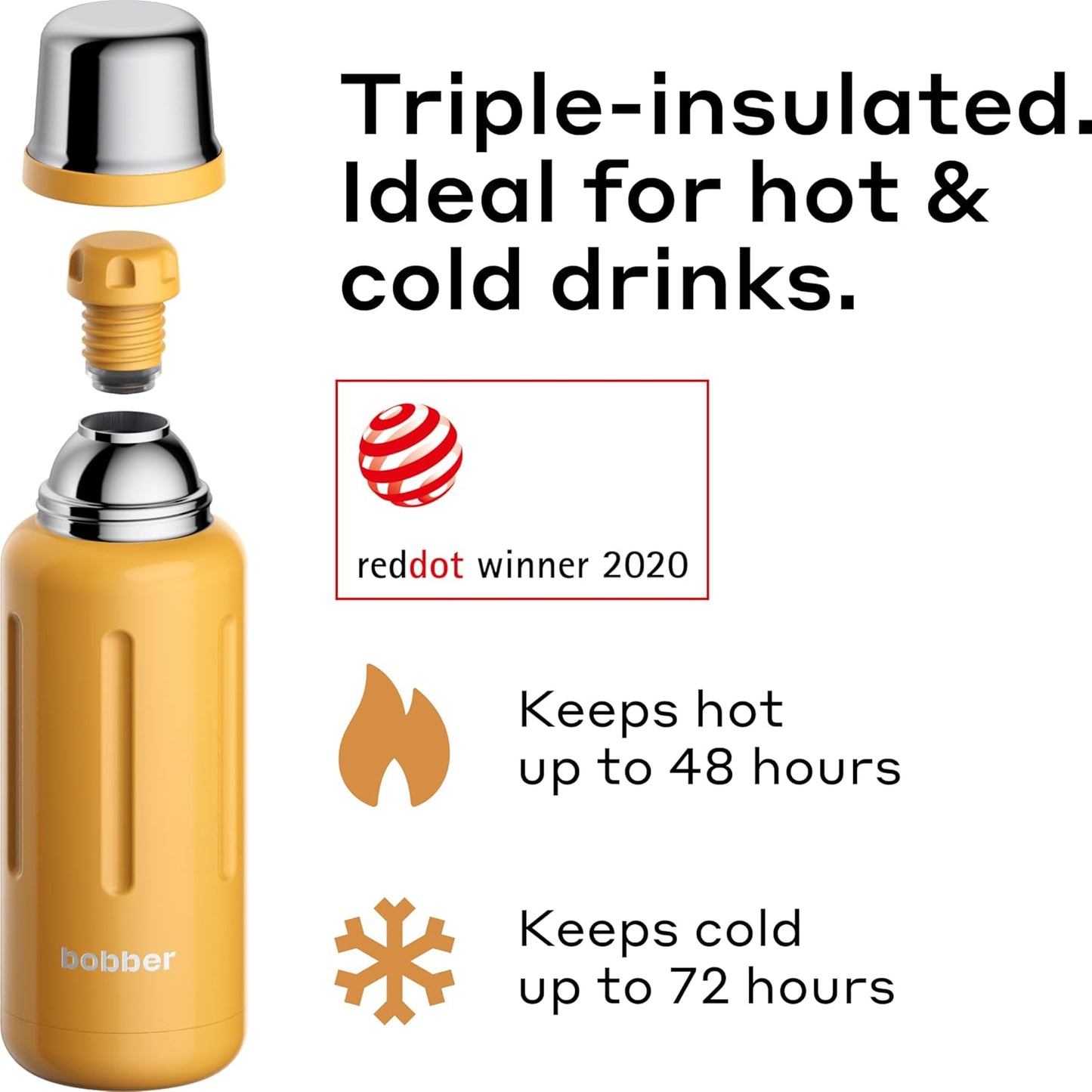 Bobber - 34 oz Vacuum Insulated Stainless Steel Water Bottle with Cup Lid - Dishwasher Safe - Keeps Drinks Hot for 48 Hours and Cold for 72 Hours - Triple Walled Thermo Flask (Ginger Tonic)