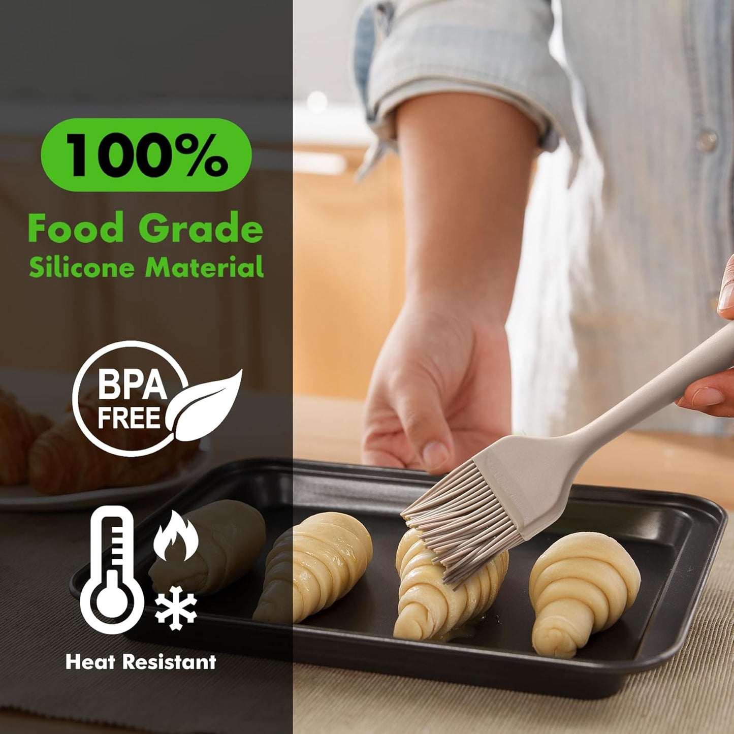 HOTEC Basting Brushes Silicone Heat Resistant Pastry Brushes Spread Oil Butter Sauce Marinades for BBQ Grill Barbecue Baking Kitchen Cooking BPA Free Dishwasher Safe, Khaki Set of 2