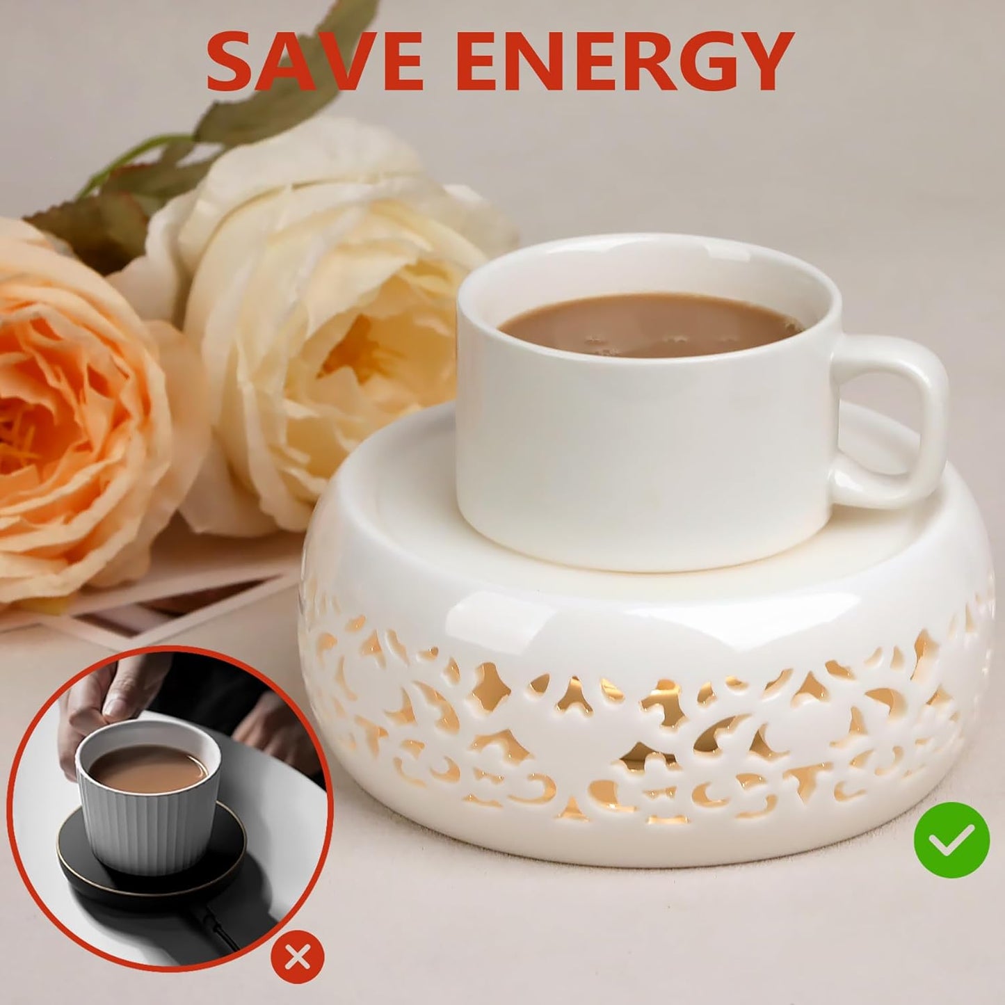 KAYCROWN Teapot Warmer, Ceramic Tea Warmer with Tealight Holder, Teapot Heater for Heating Tea, Coffee, Milk, Tea Light Warmer (White)