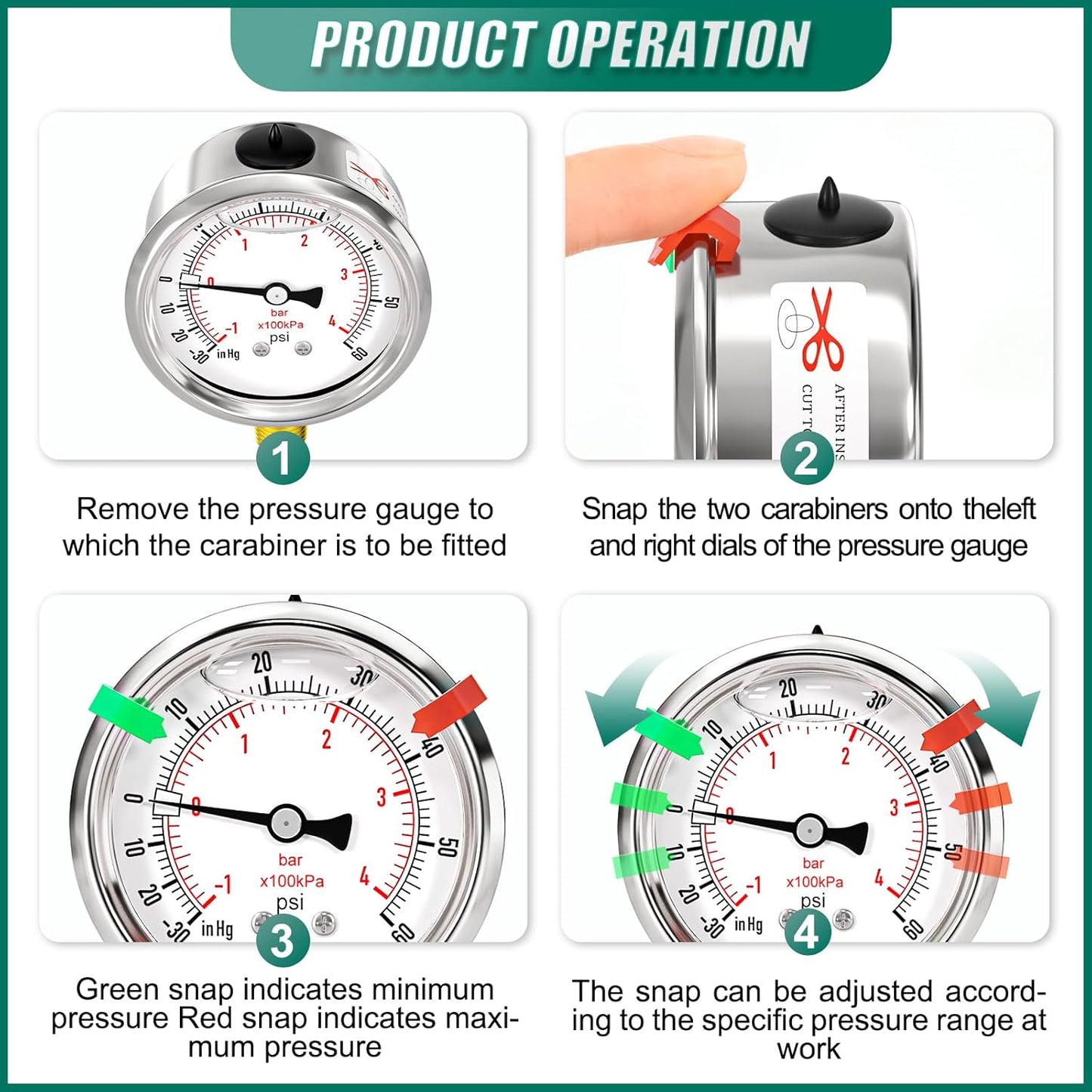 -30inHG-60psi Stainless Steel Glycerin Liquid Filled Vacuum Pressure Gauge 1/4" NPT 2.5" Face Dial Center Lower Mount, for Water, Oil and Air Pressure Testing (with Range Mark Pointer)