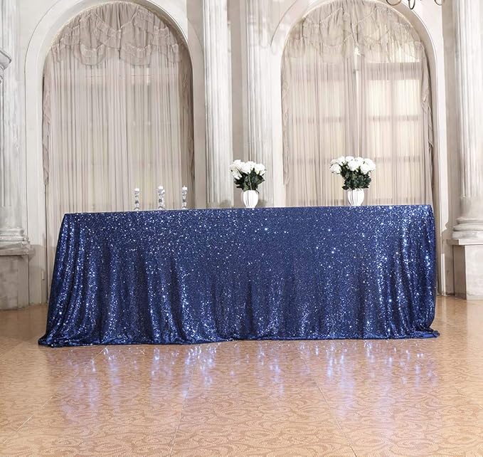 SquarePie Sequin Tablecloth Rectangular 90 x 132 Inch Navy Blue Bling Sparkly Table Linen for Wedding Party