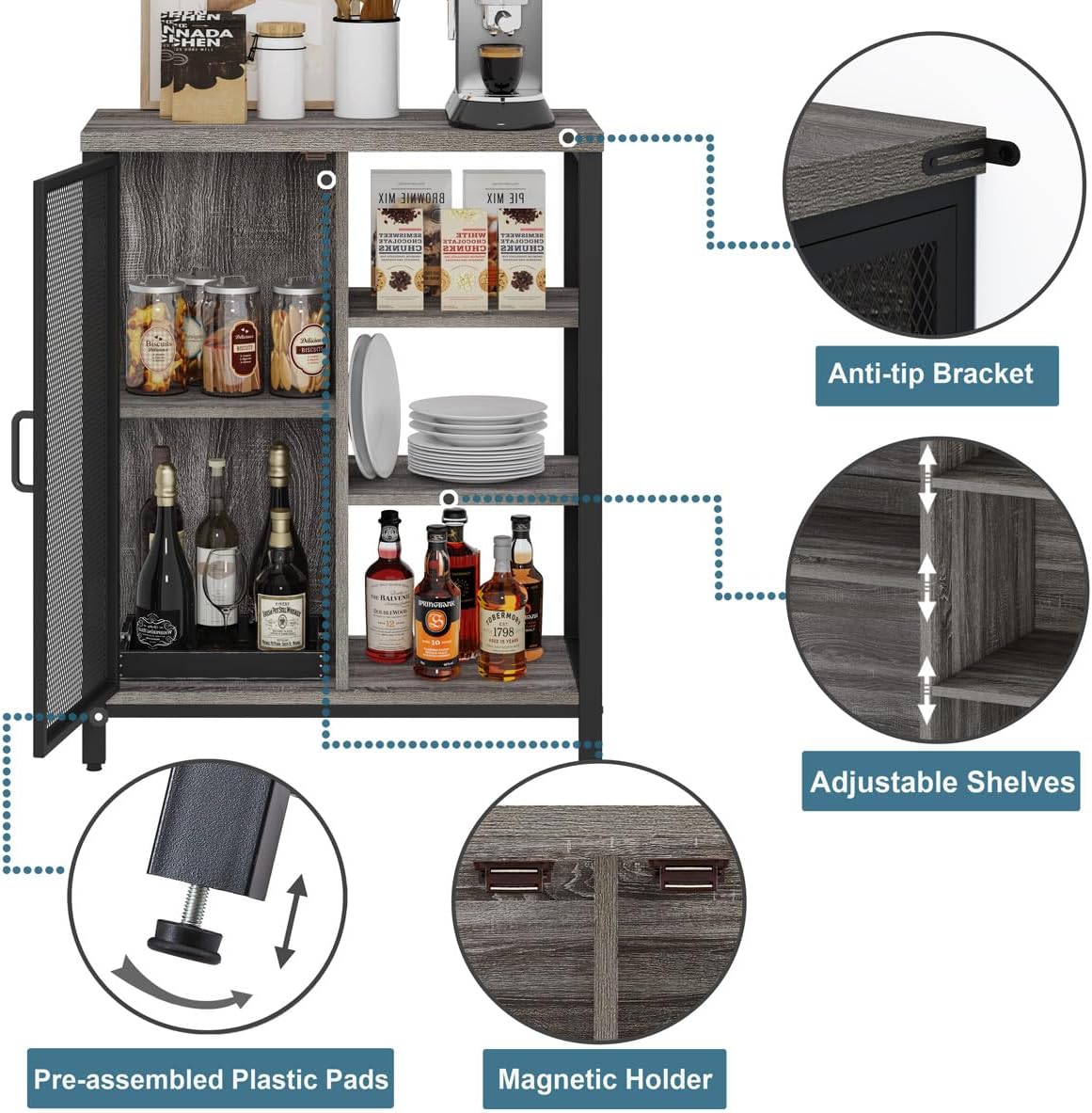 BON AUGURE Liquor Cabinet Bar for Home, Farmhouse Coffee Storage Cabinet for Kitchen, Small Wood Sideboard Buffet Station Cabinets with Door (Dark Grey Oak, 36")