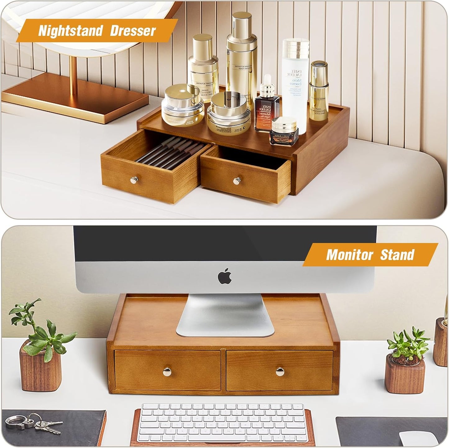 15.8"L X 11.8"W X 4"H Wooden K cup Storage, Keurig Stand With Storage, Coffee Pod Holder Organizer, Desktop Kitchen Storage with 2 Drawers, 30/40/60 Pod Capacity, Natural