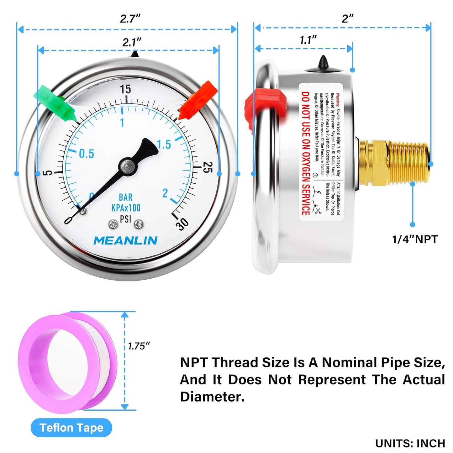 MEANLIN MEASURE 0~30Psi Liquid Filled Pressure Gauge 1/4" NPT 2.5" FACE DIAL Stainless Steel Glycerin Filled WOG Water Oil Air Back Mount (with 2PCS Snaps)