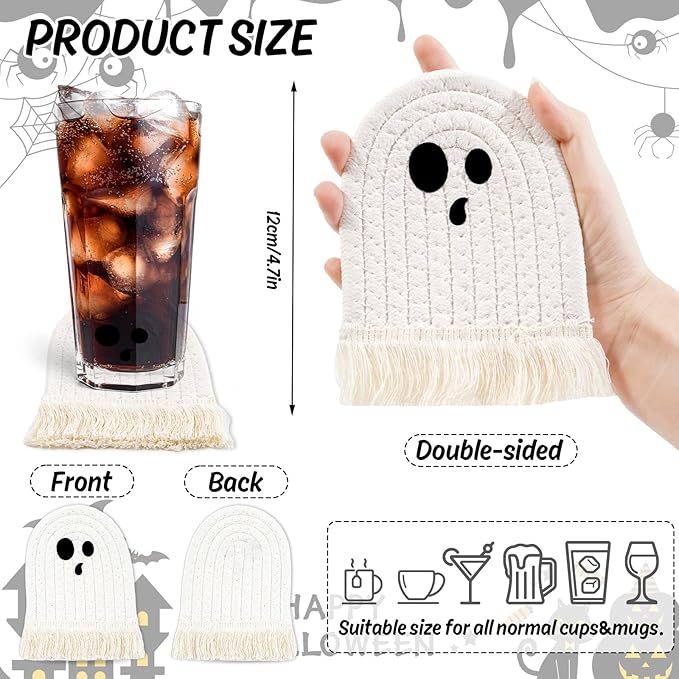 Whaline Halloween Ghost Cotton Coasters Cute White Ghost Shape Handmade Braided Drink Coasters Absorbent Cup Mats for Trick or Treat Party Home Table Decor, Set of 4