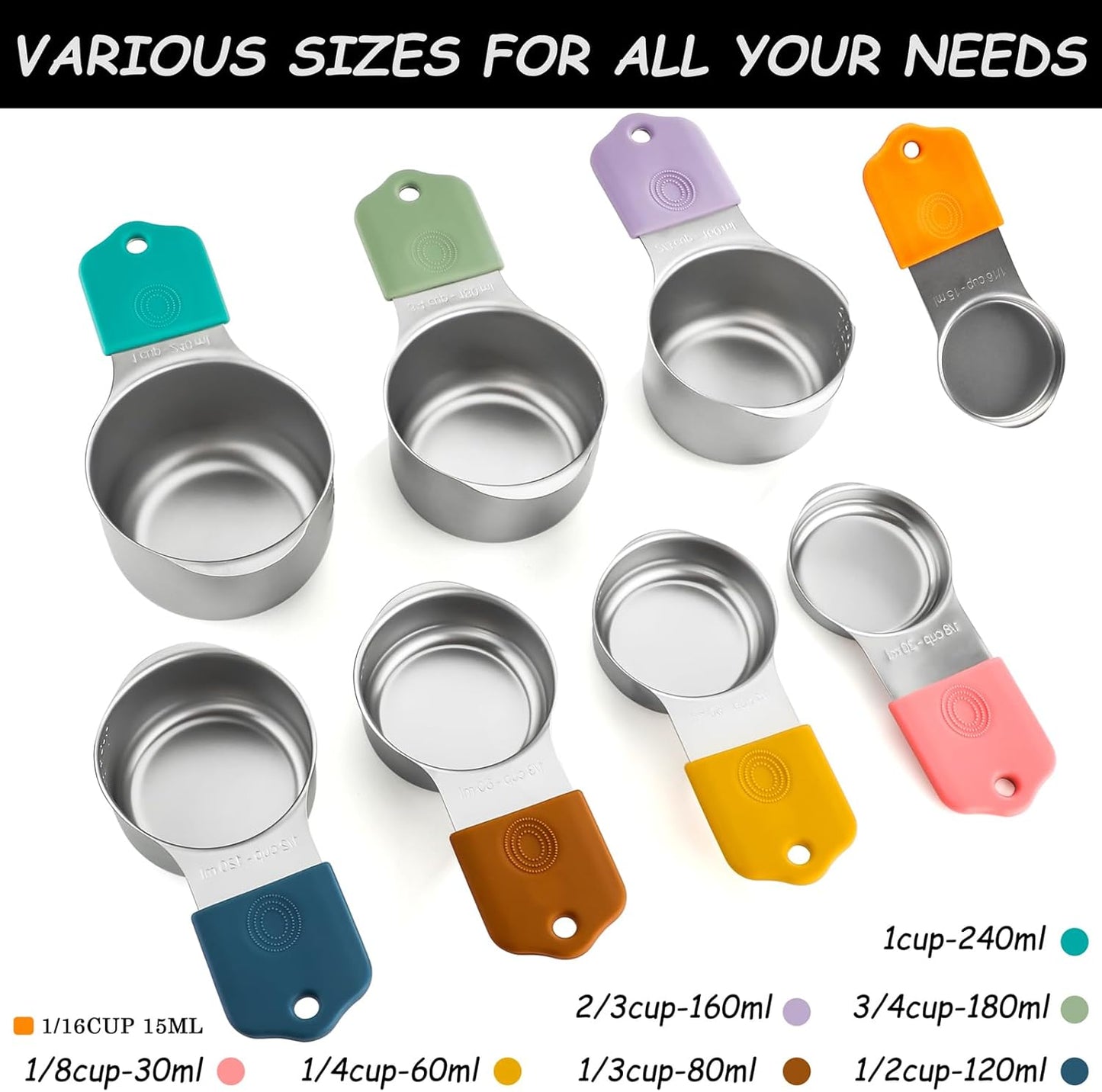 Magnetic Measuring Cups Set 8 Stainless Steel Stackable Nesting Measuring Cups for Measuring Dry and Liquid Ingredients