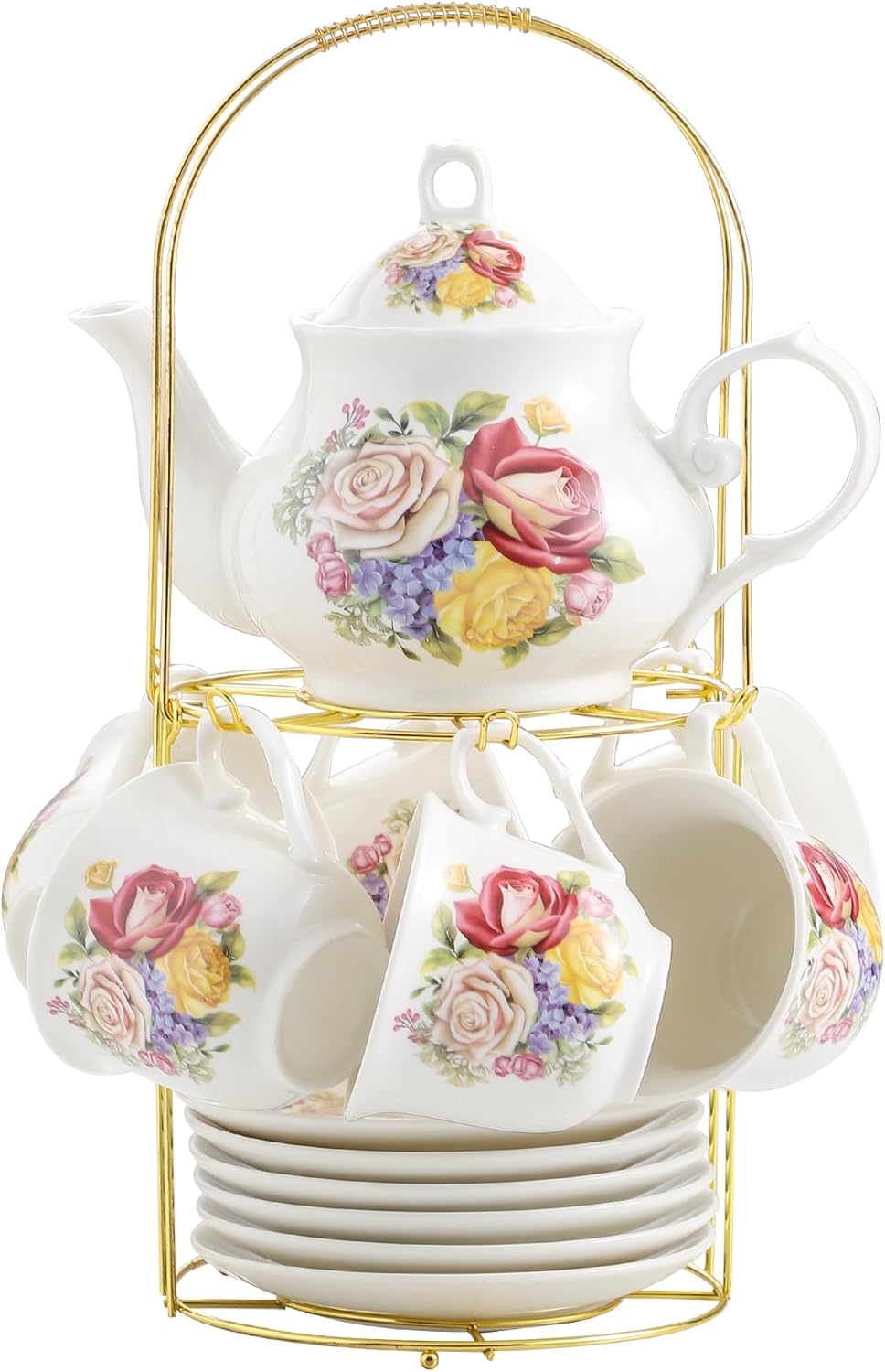 20-Pieces Porcelain Bone china Tea Sets,Gold Rim Coffee Set with Golden Metal Rack,Tea Gift Sets for Home&Party (006)