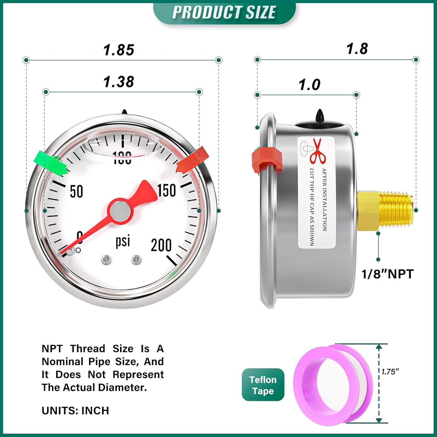 0-200psi Stainless Steel Glycerin Liquid Filled Pressure Gauge 1/8" NPT 1.5" Face Dial, Center Back Mount, for Water, Oil and Air Pressure Testing (with Range Mark Pointer)