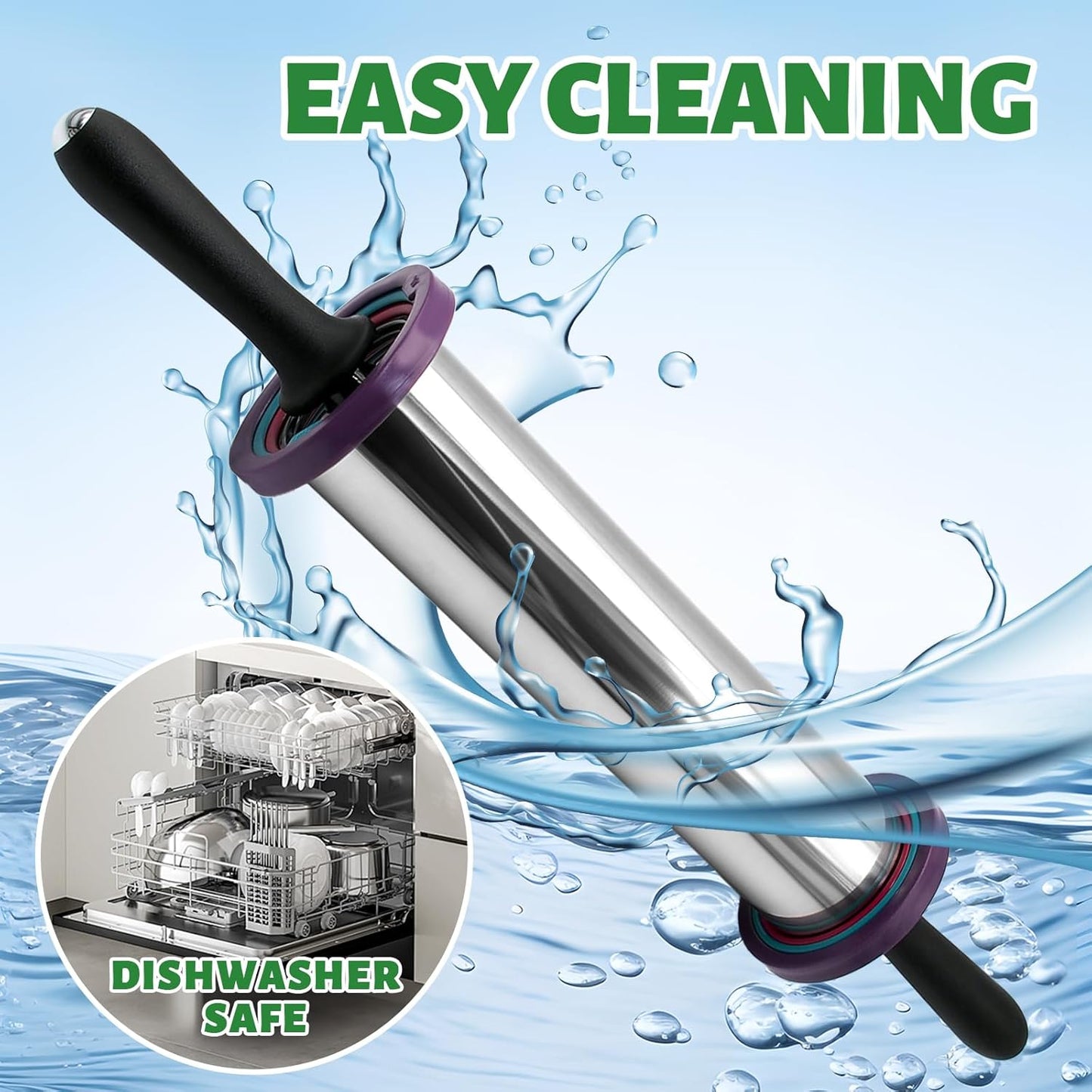 Rolling Pins,Rolling Pin and Silicone Baking Pastry Mat Set,Rolling Pins,Adjustable Stainless Steel Rolling Pin with Thickness Rings for Baking Dough,Pizza,Pie,Pasta(Black Mat)