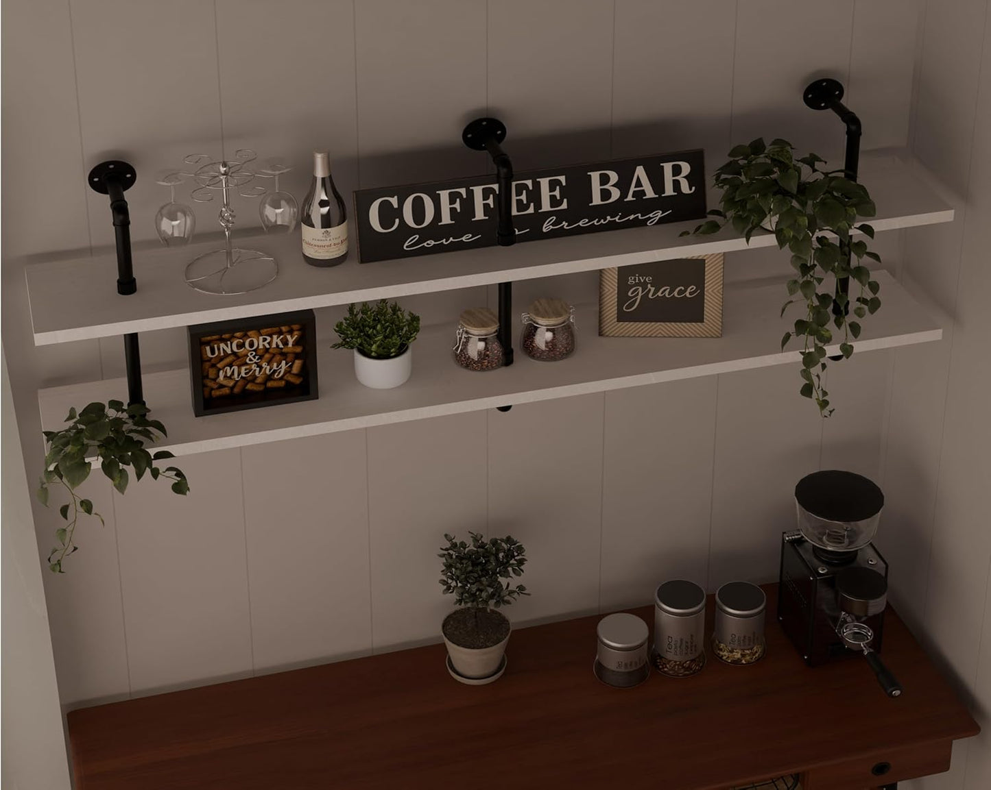 Industrial Pipe Shelving Rustic White Pipe Wall Shelves Industrial Shelves with Wood Planks Floating Shelves 60 Inch Farmhouse Bathroom,Kitchen Shelving Wall Mounted